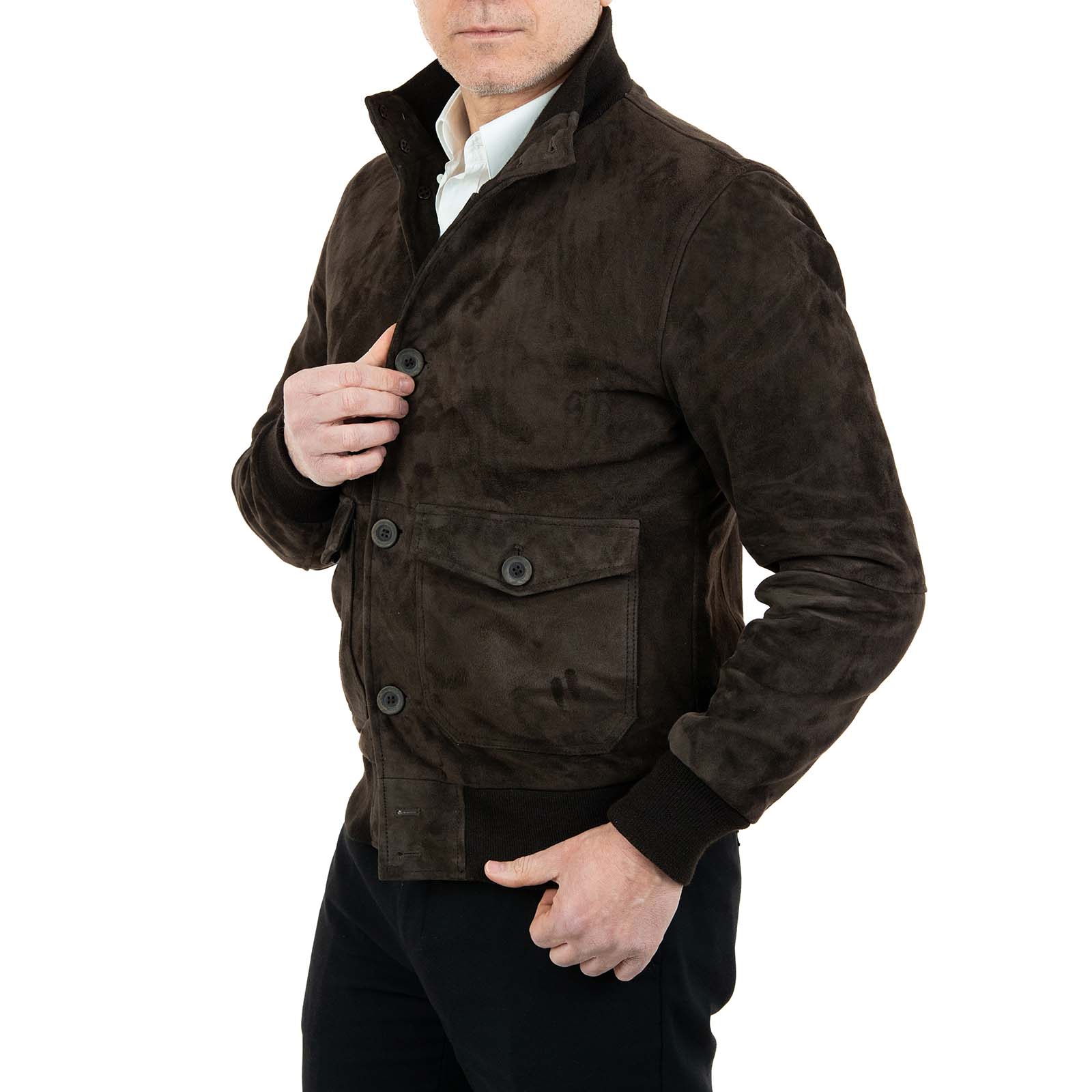 Giacca Bomber In Vera Pelle Camoscio Marrone Uomo Slim Con Bottoni E Tasconi Rindway