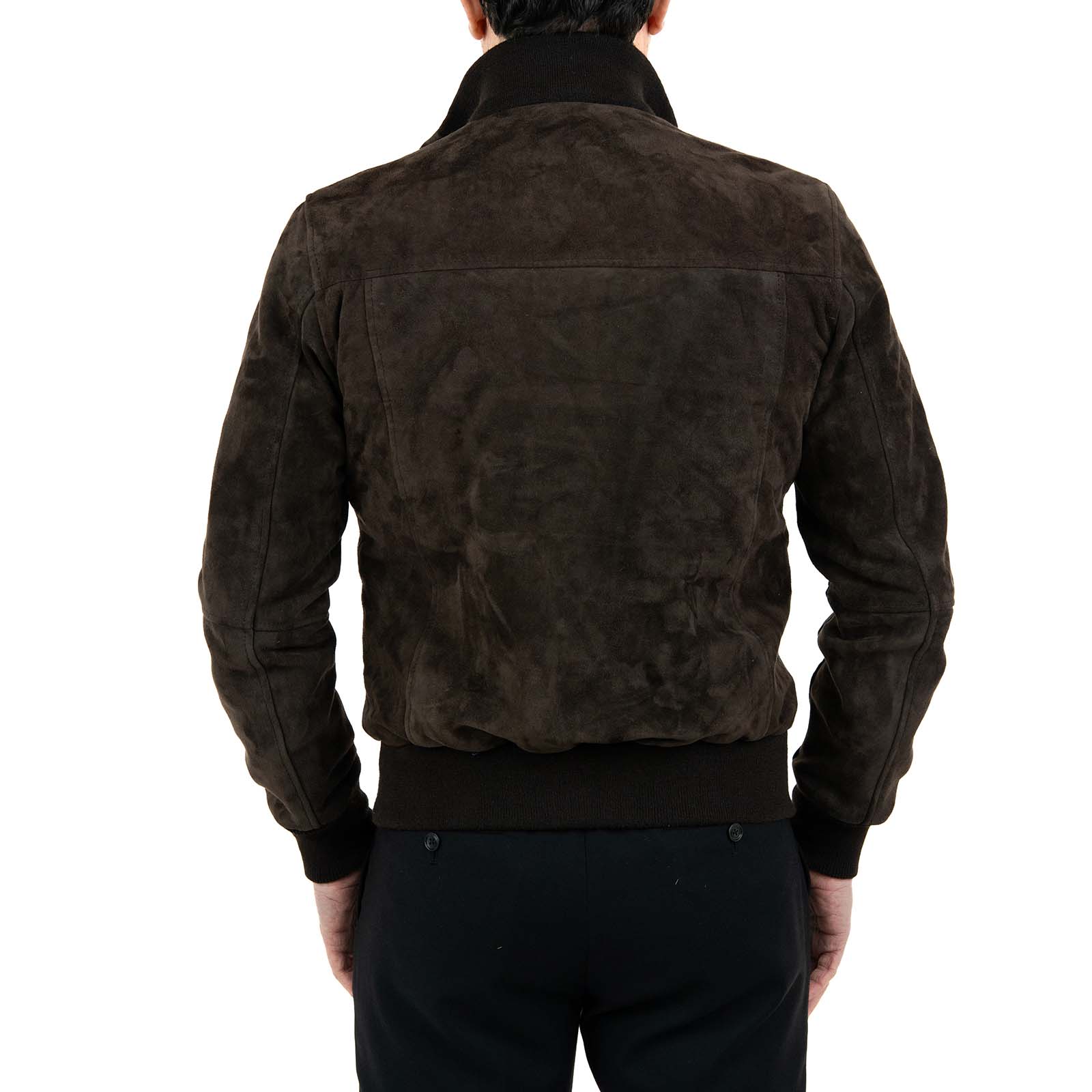 Giacca Bomber In Vera Pelle Camoscio Marrone Uomo Slim Con Bottoni E Tasconi Rindway