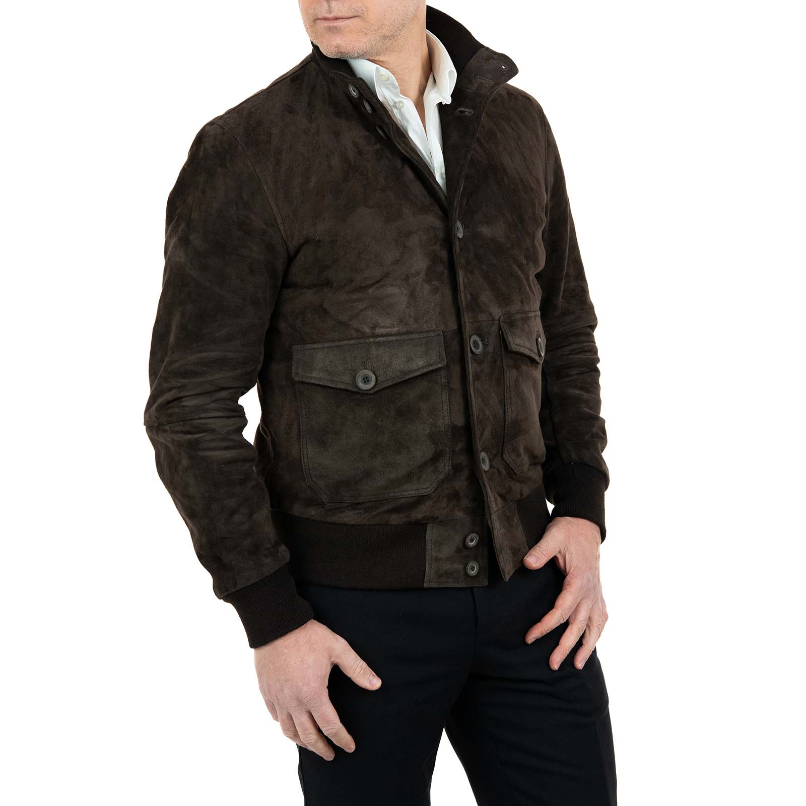 Slim Men's Brown Suede Genuine Leather Bomber Jacket with Rindway Buttons and Big Pockets