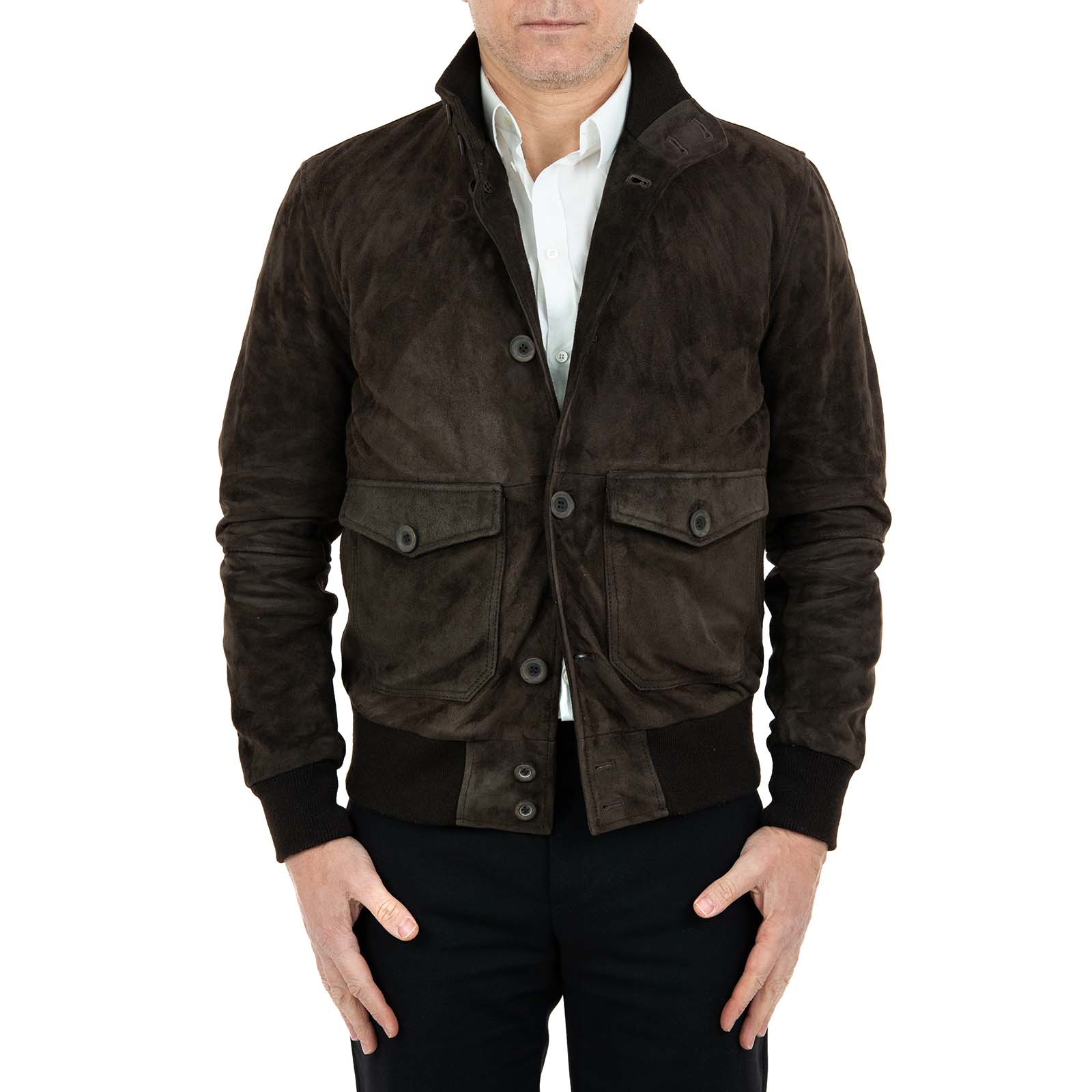 Giacca Bomber In Vera Pelle Camoscio Marrone Uomo Slim Con Bottoni E Tasconi Rindway