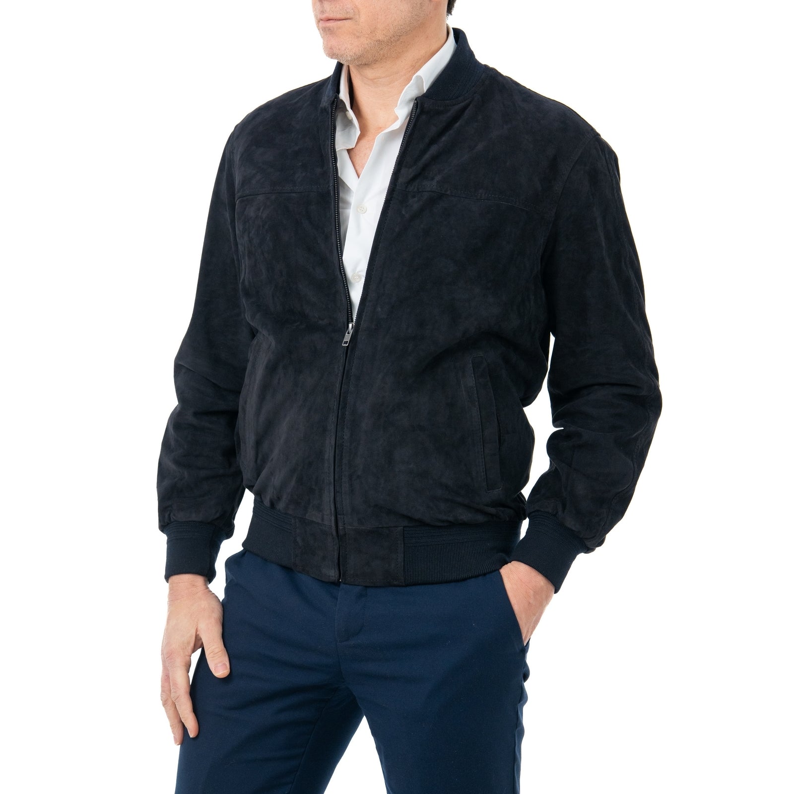Giacca Bomber In Vera Pelle Camoscio Light BLU Uomo Slim Con Cerniera Rindway