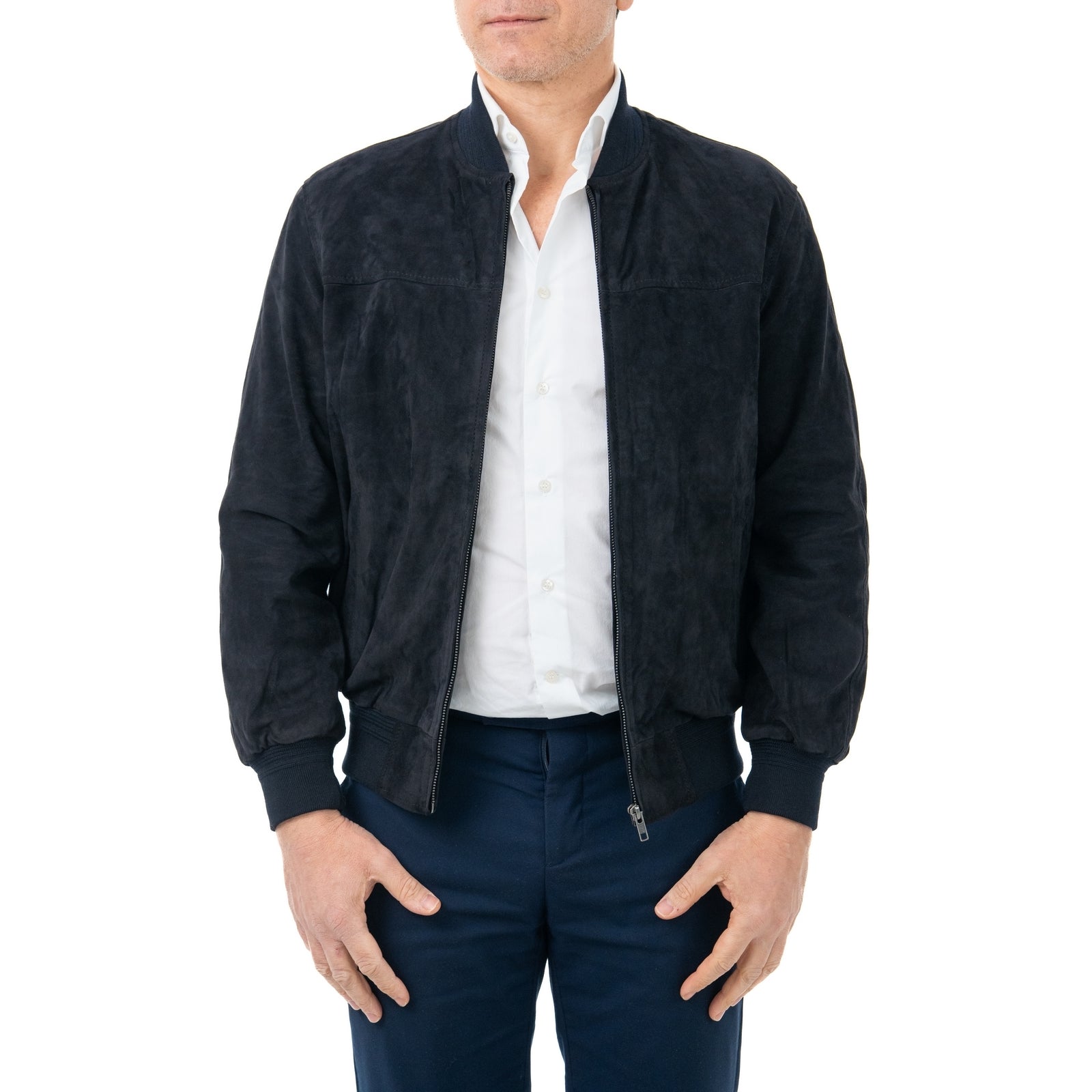 Giacca Bomber In Vera Pelle Camoscio Light BLU Uomo Slim Con Cerniera Rindway