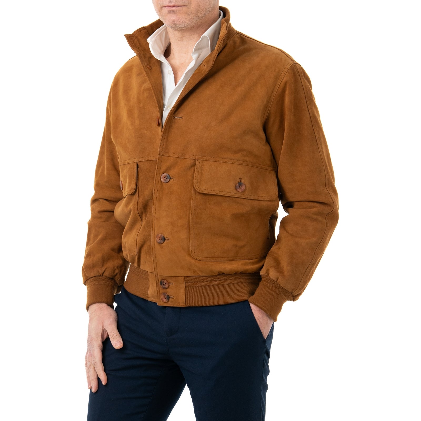 Giacca Bomber In Vera Pelle Camoscio Light Cognac Uomo Slim Con Bottoni E Tasconi Rindway
