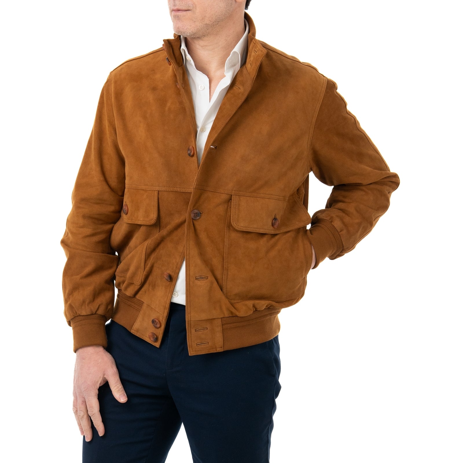 Giacca Bomber In Vera Pelle Camoscio Light Cognac Uomo Slim Con Bottoni E Tasconi Rindway