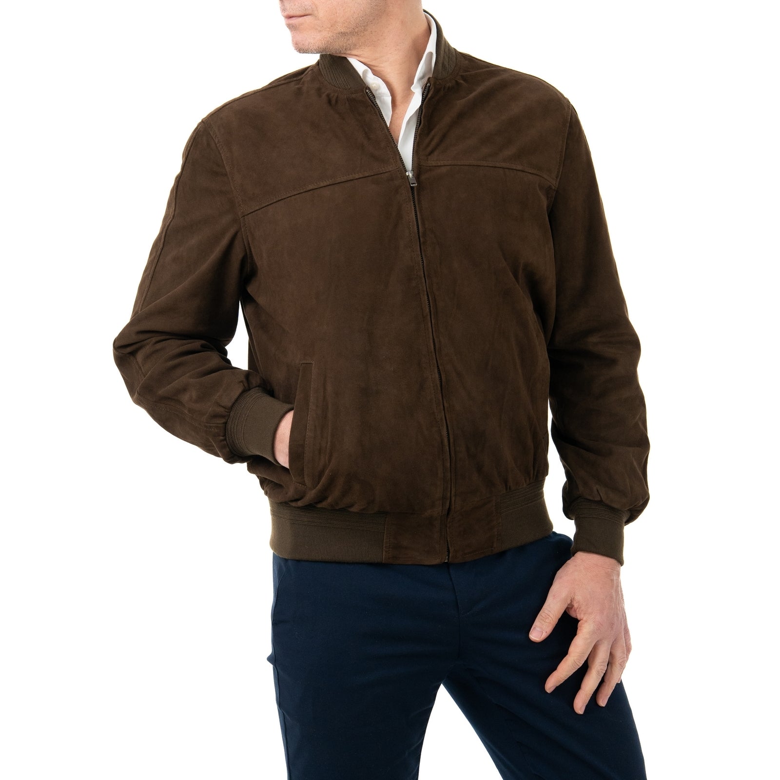 Giacca Bomber In Vera Pelle Camoscio Light MARRONE Uomo Slim Con Cerniera Rindway