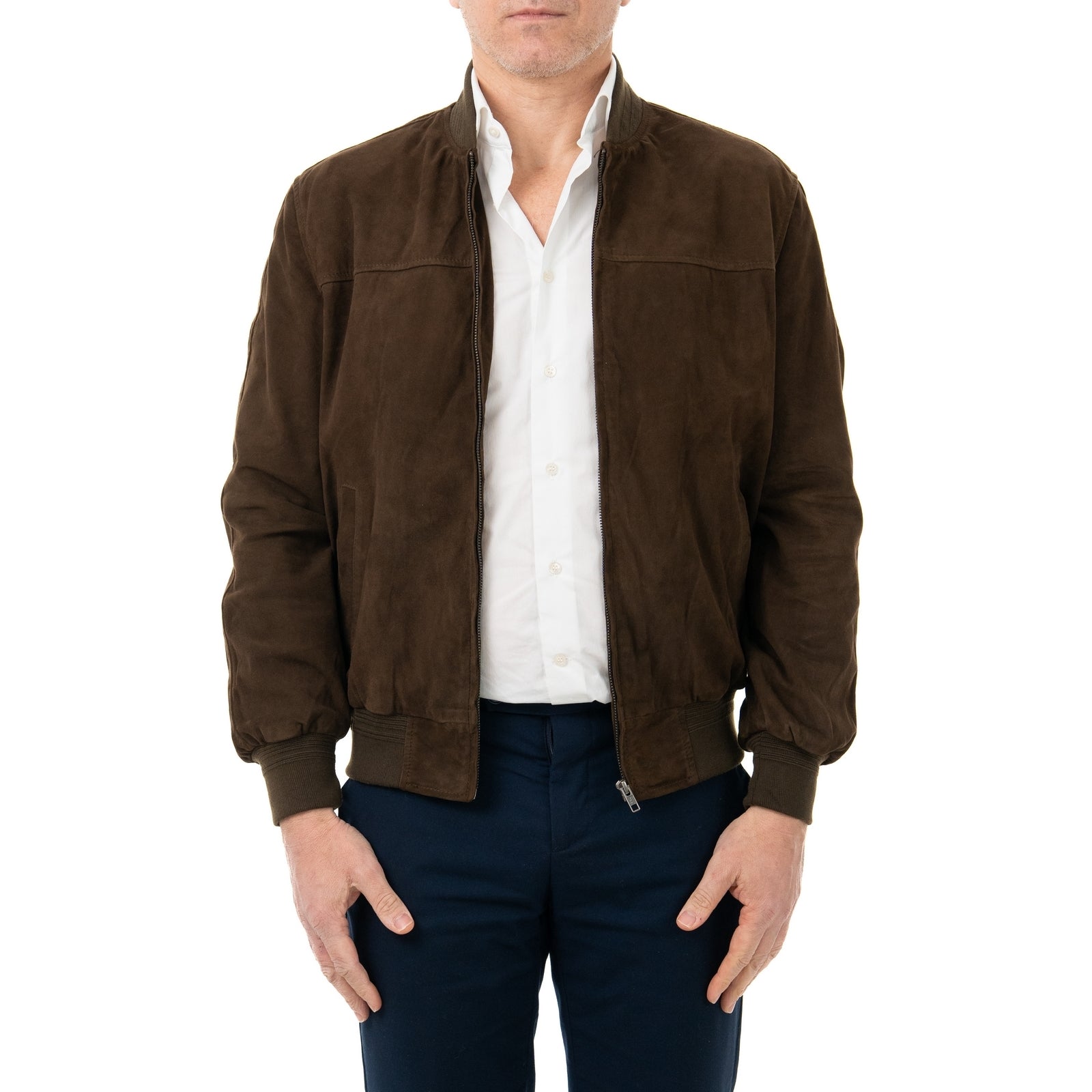 Giacca Bomber In Vera Pelle Camoscio Light MARRONE Uomo Slim Con Cerniera Rindway