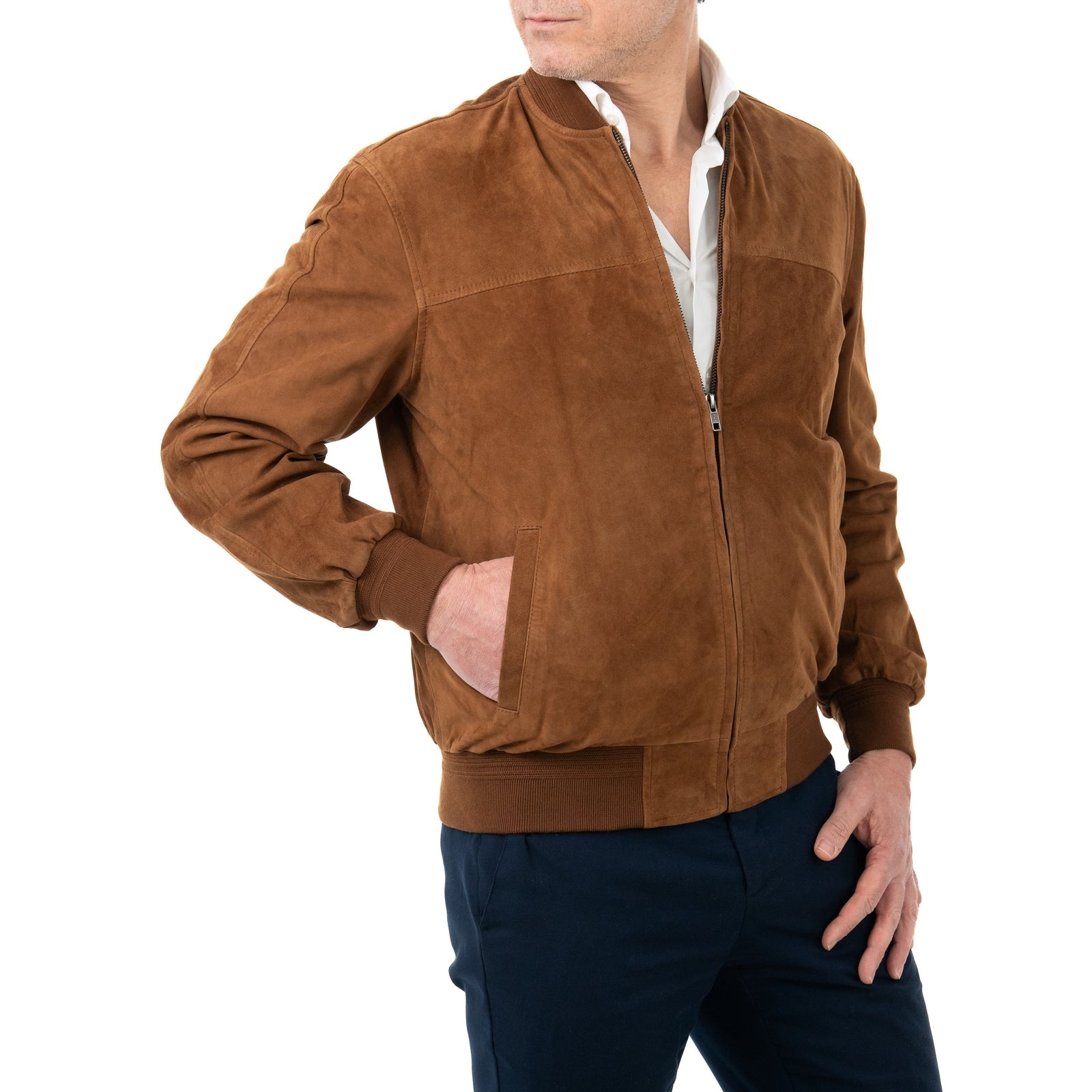 Giacca Bomber In Vera Pelle Camoscio Light WHISKY Uomo Slim Con Cerniera Rindway