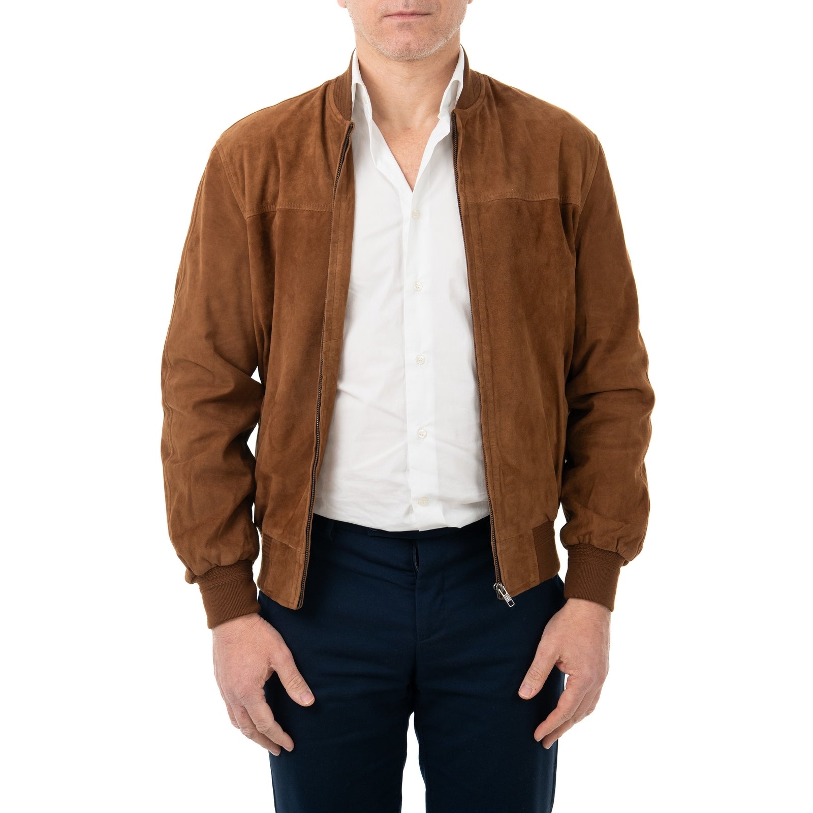 Giacca Bomber In Vera Pelle Camoscio Light WHISKY Uomo Slim Con Cerniera Rindway