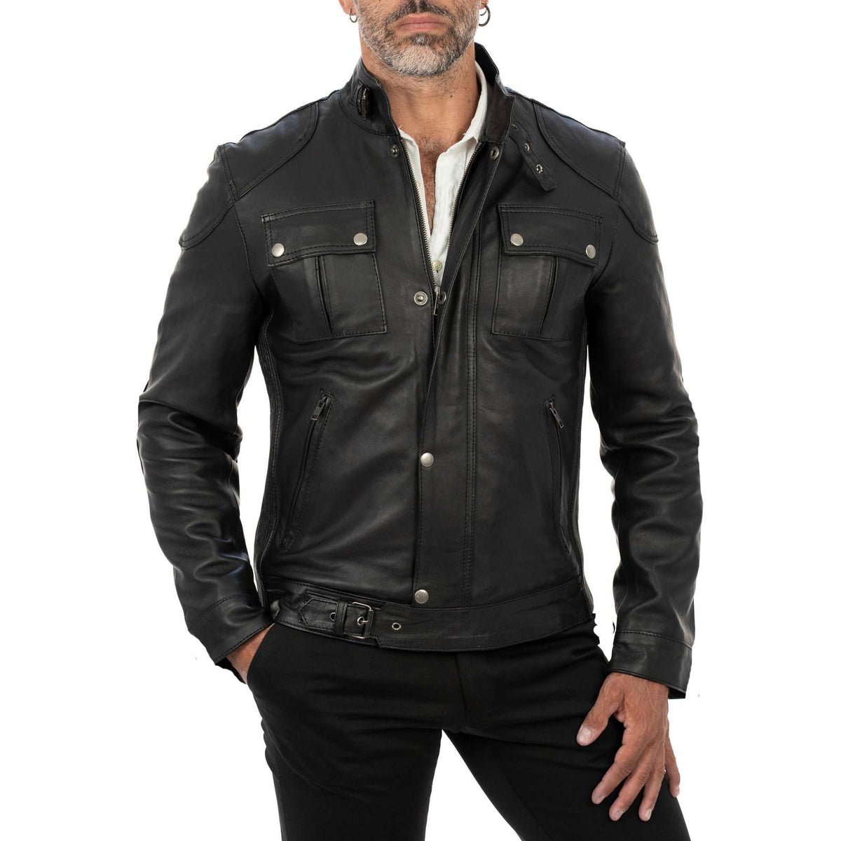 Giubbotto Moto Uomo In Vera Pelle Di Pecora Nera, Slim Fit, Con Cerniera YKK &ndash; Giacca Biker Easy Rider