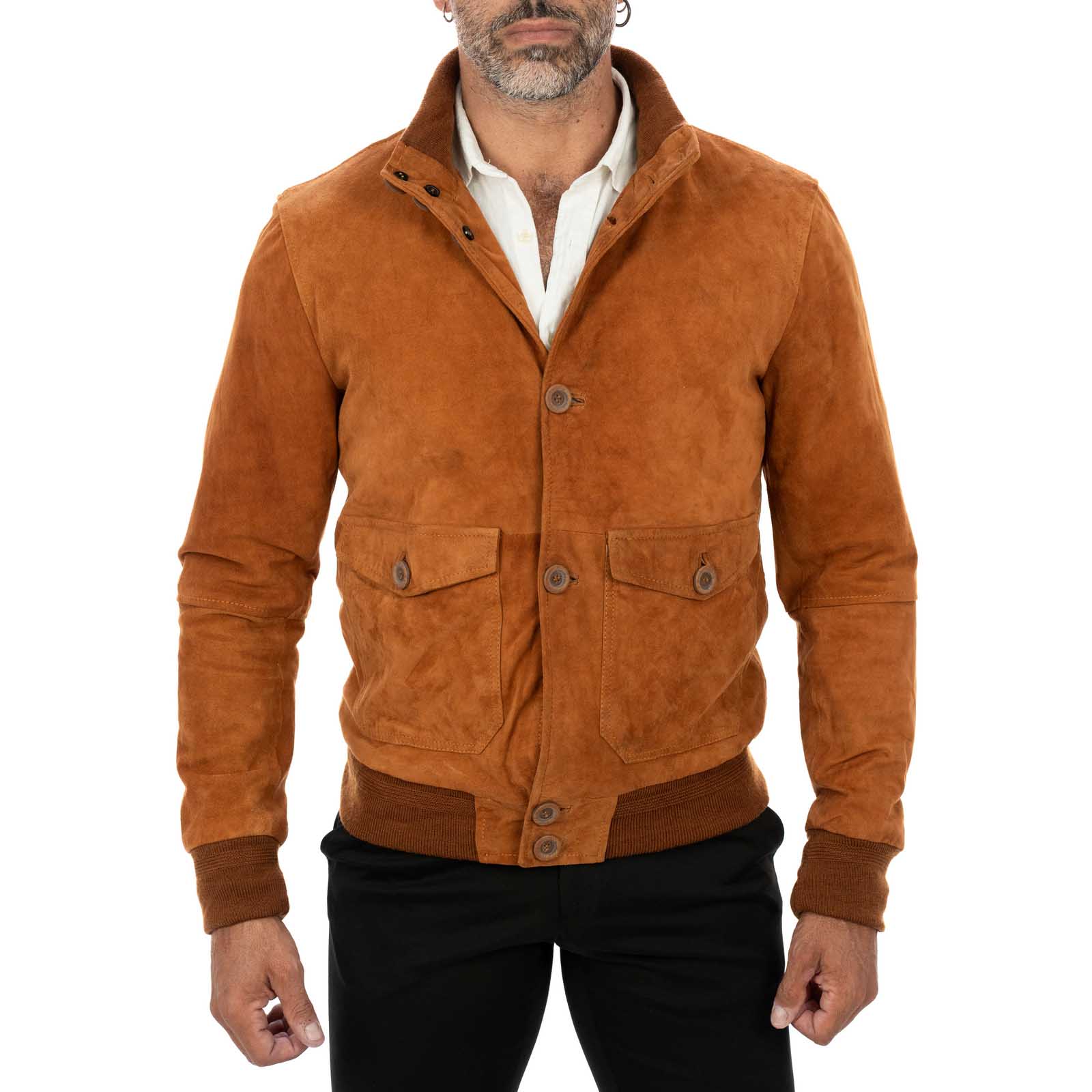 Giacca Bomber In Vera Pelle Camoscio Bruciato Uomo Slim Con Bottoni E Tasconi Rindway