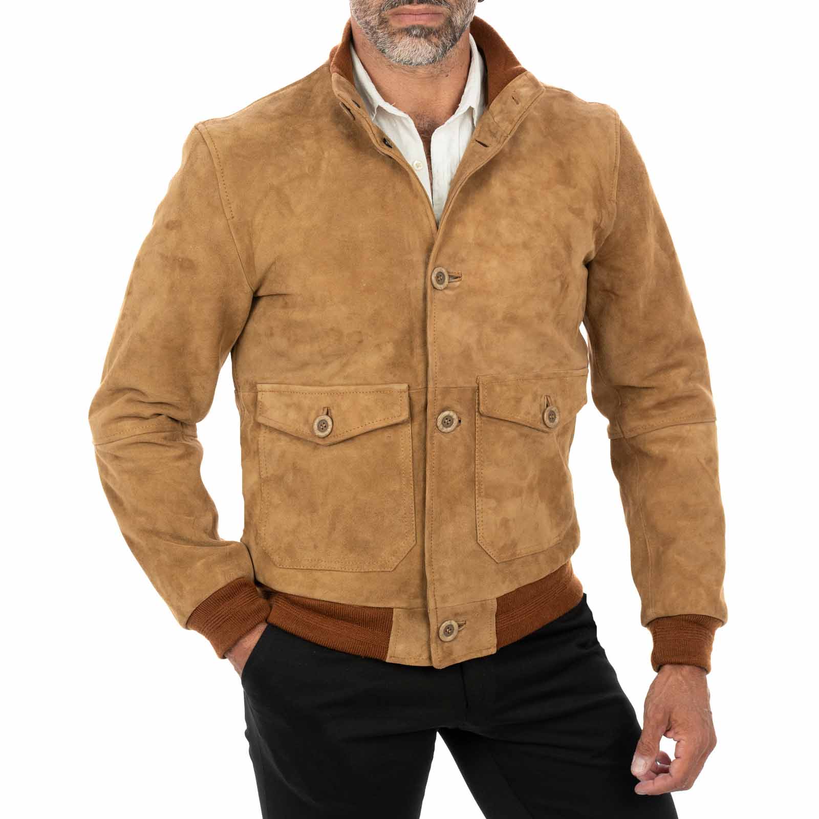 Giacca Bomber In Vera Pelle Camoscio Tortora Uomo Slim Con Bottoni E Tasconi Rindway