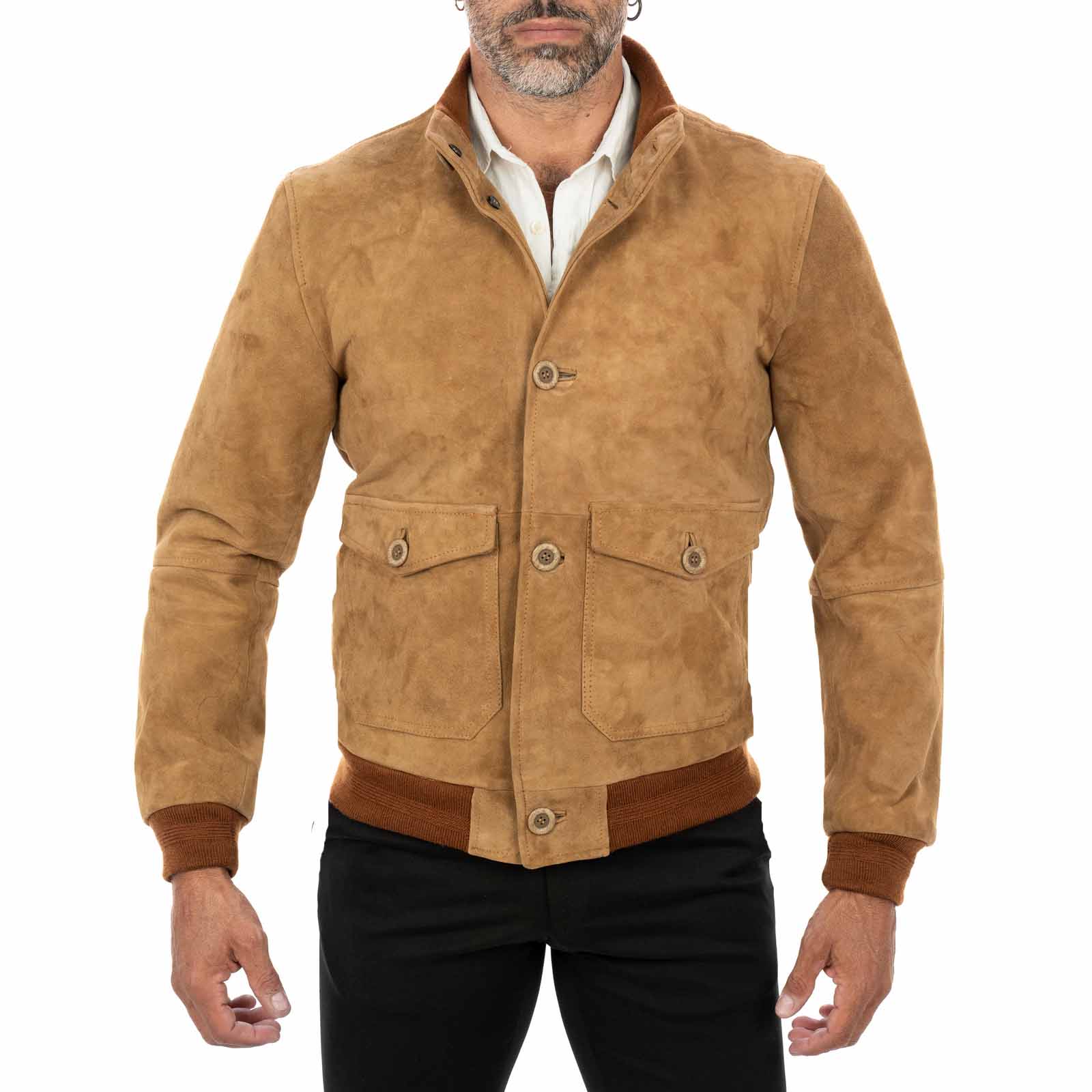 Giacca Bomber In Vera Pelle Camoscio Tortora Uomo Slim Con Bottoni E Tasconi Rindway