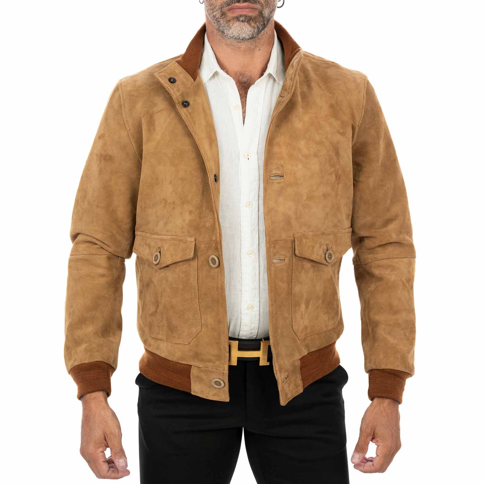 Giacca Bomber In Vera Pelle Camoscio Tortora Uomo Slim Con Bottoni E Tasconi Rindway