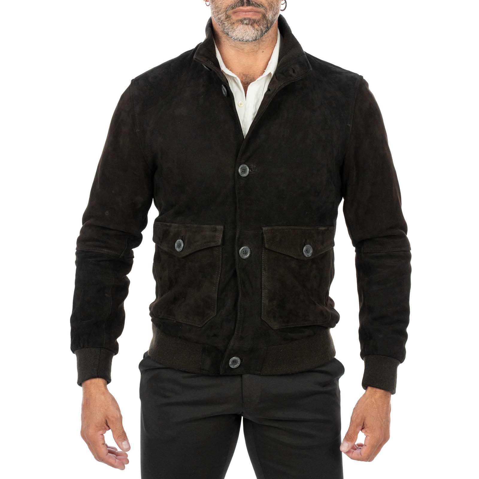 Giacca Bomber In Vera Pelle Camoscio Marrone Uomo Slim Con Bottoni E Tasconi Rindway