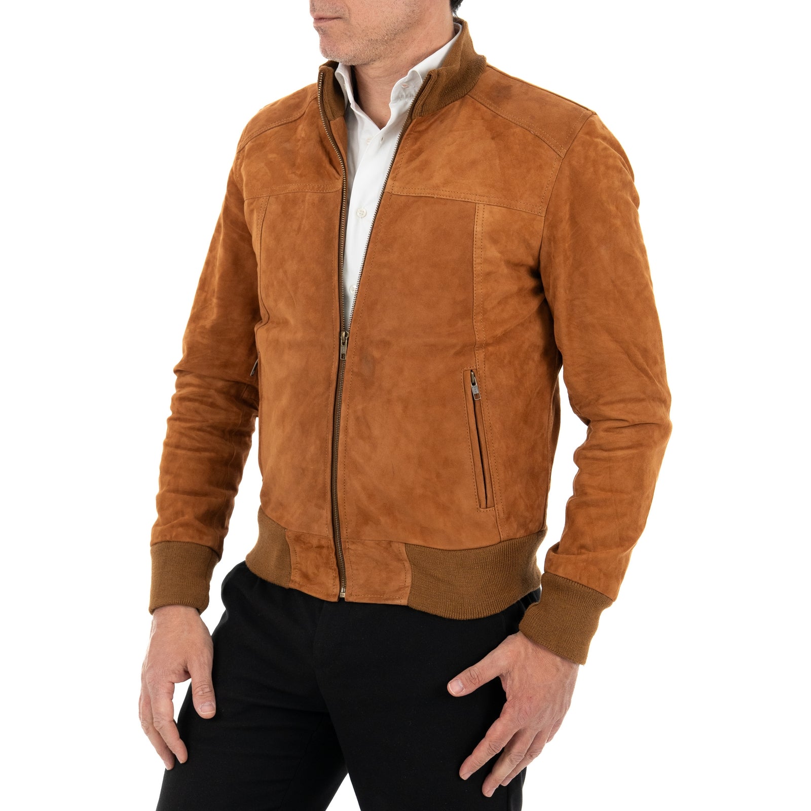 Giubbotto Bomber In Vera Pelle Camoscio Bruciato Uomo Slim Con Tagli Frontali Rindway