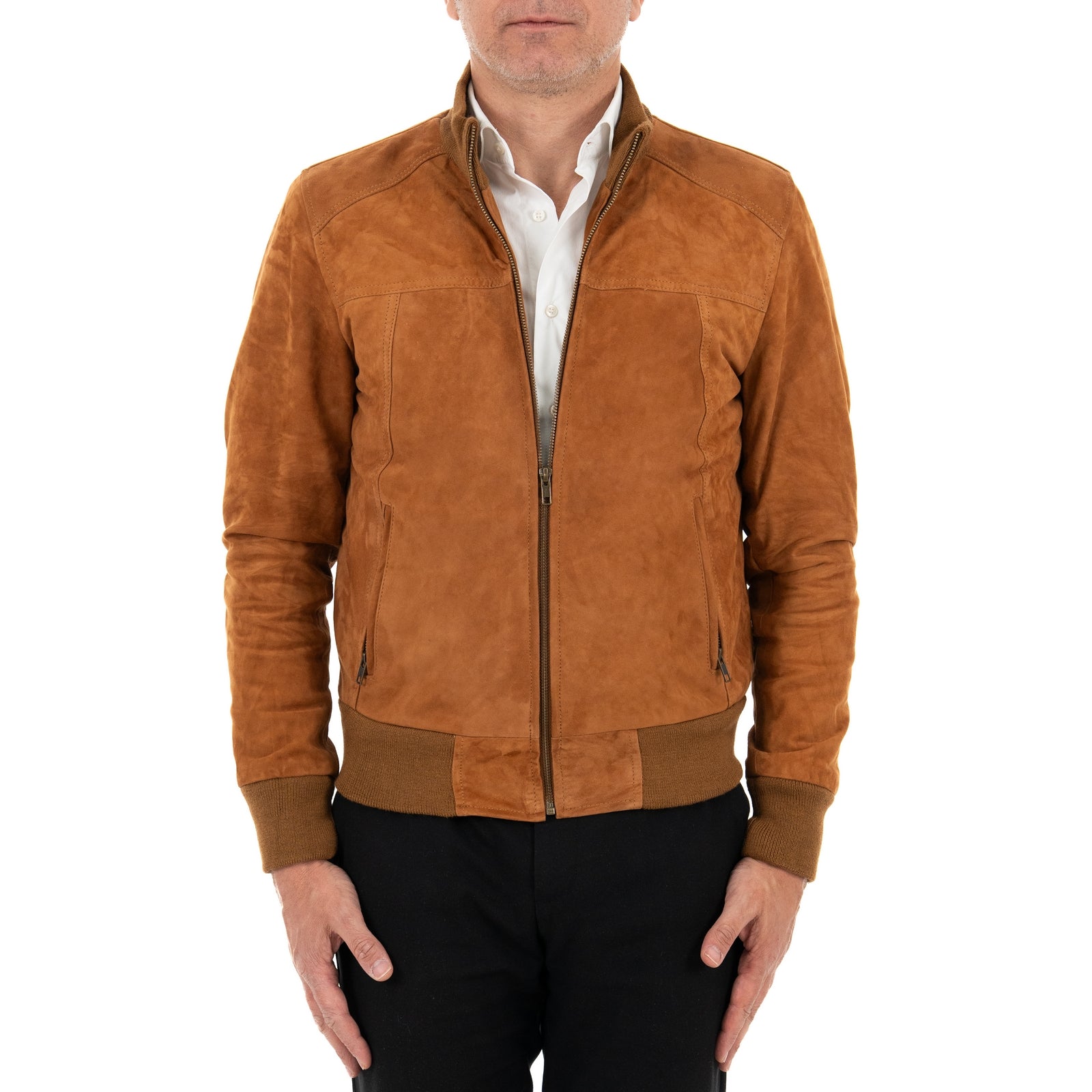 Giubbotto Bomber In Vera Pelle Camoscio Bruciato Uomo Slim Con Tagli Frontali Rindway