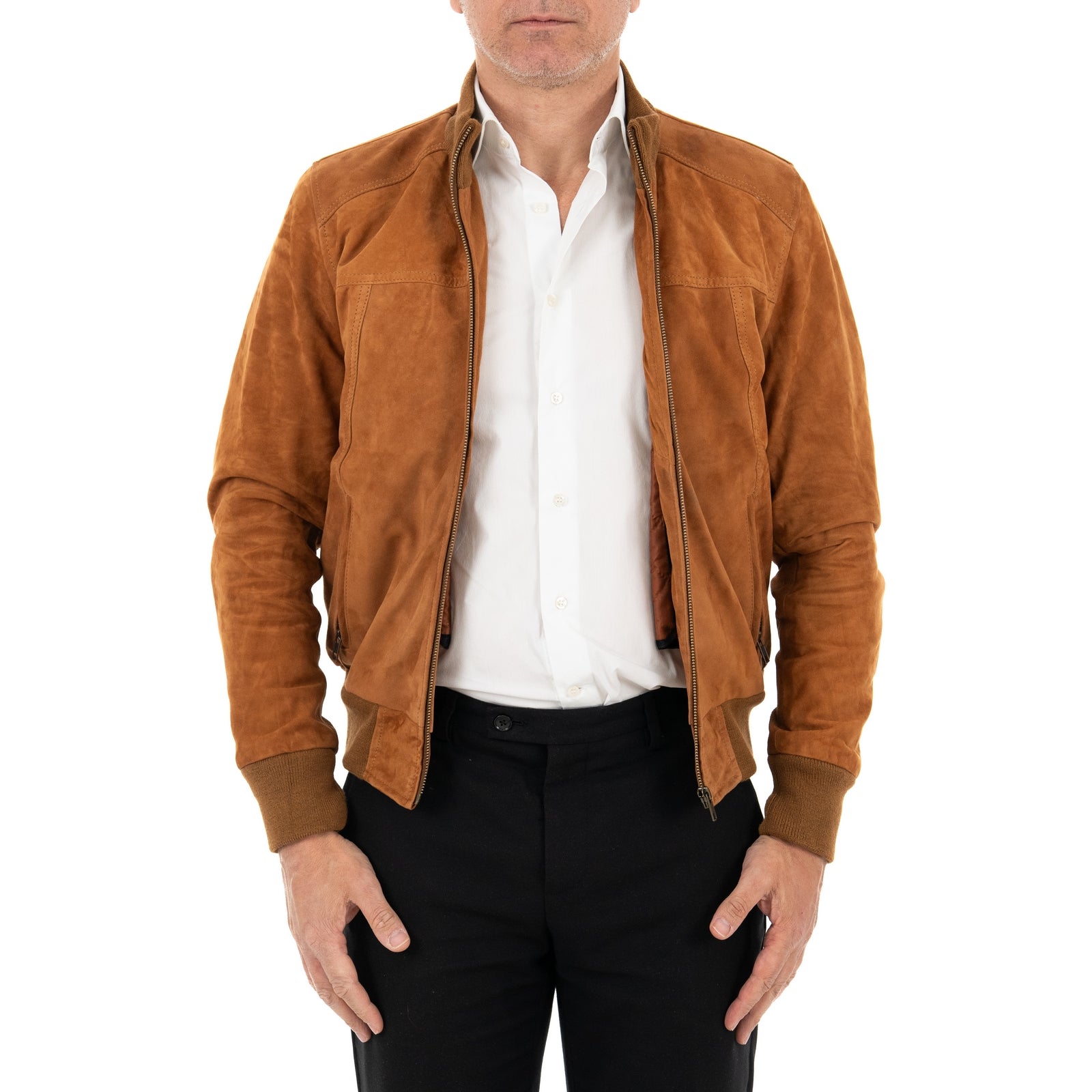 Giubbotto Bomber In Vera Pelle Camoscio Bruciato Uomo Slim Con Tagli Frontali Rindway