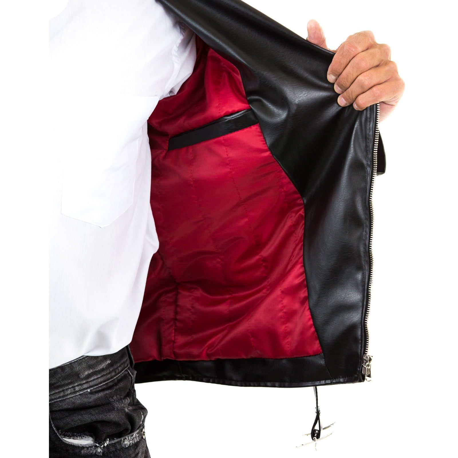 Chiodo Biker In Vera Pelle Marrone Uomo Slim Interno Rosso Rindway