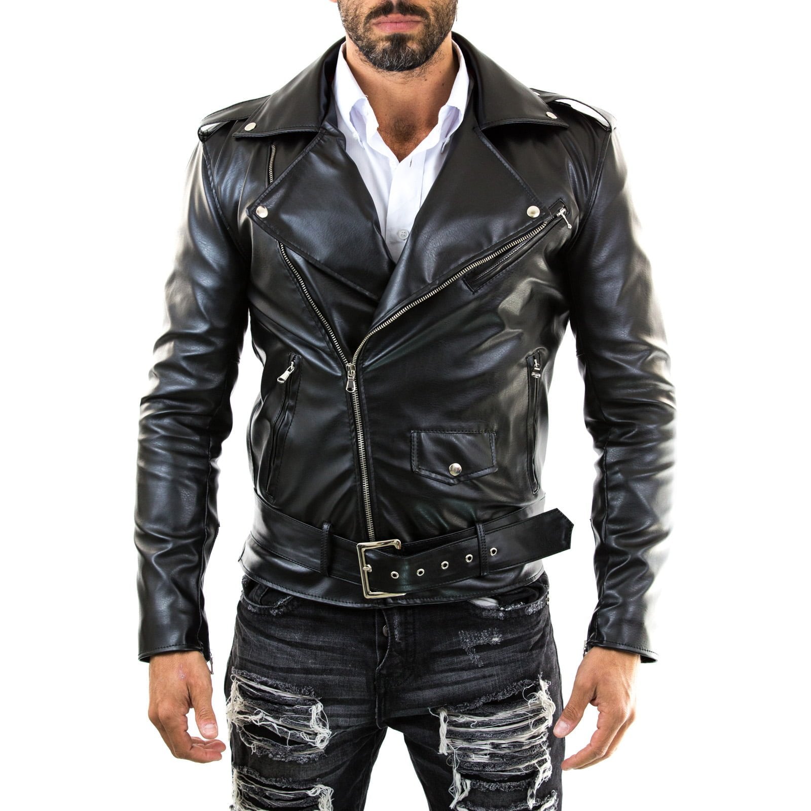 Chiodo Biker In Vera Pelle Marrone Uomo Slim Interno Rosso Rindway