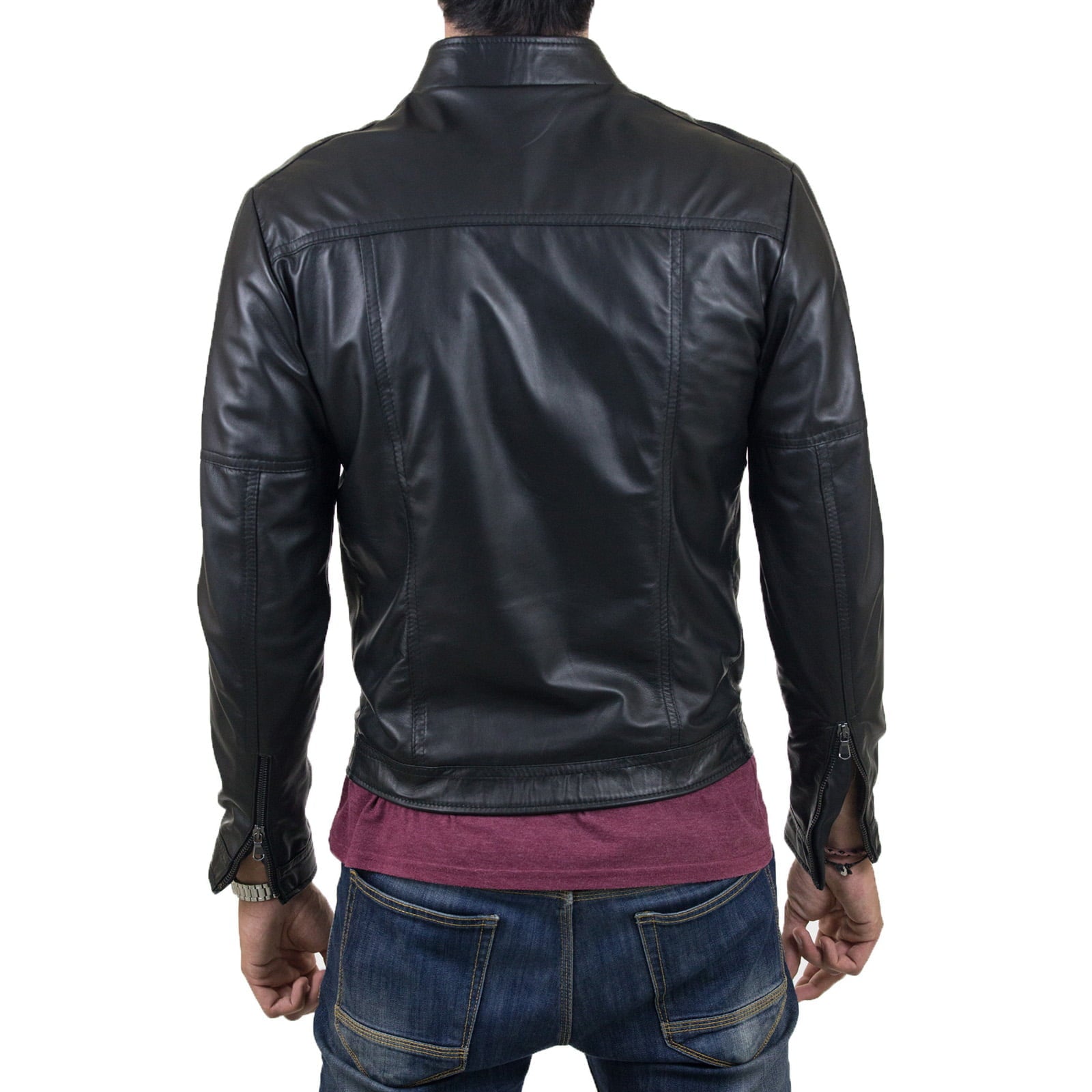 Giacca Biker In Vera Pelle Nera Uomo Slim Con Particolare Cuciture Braccia Rindway