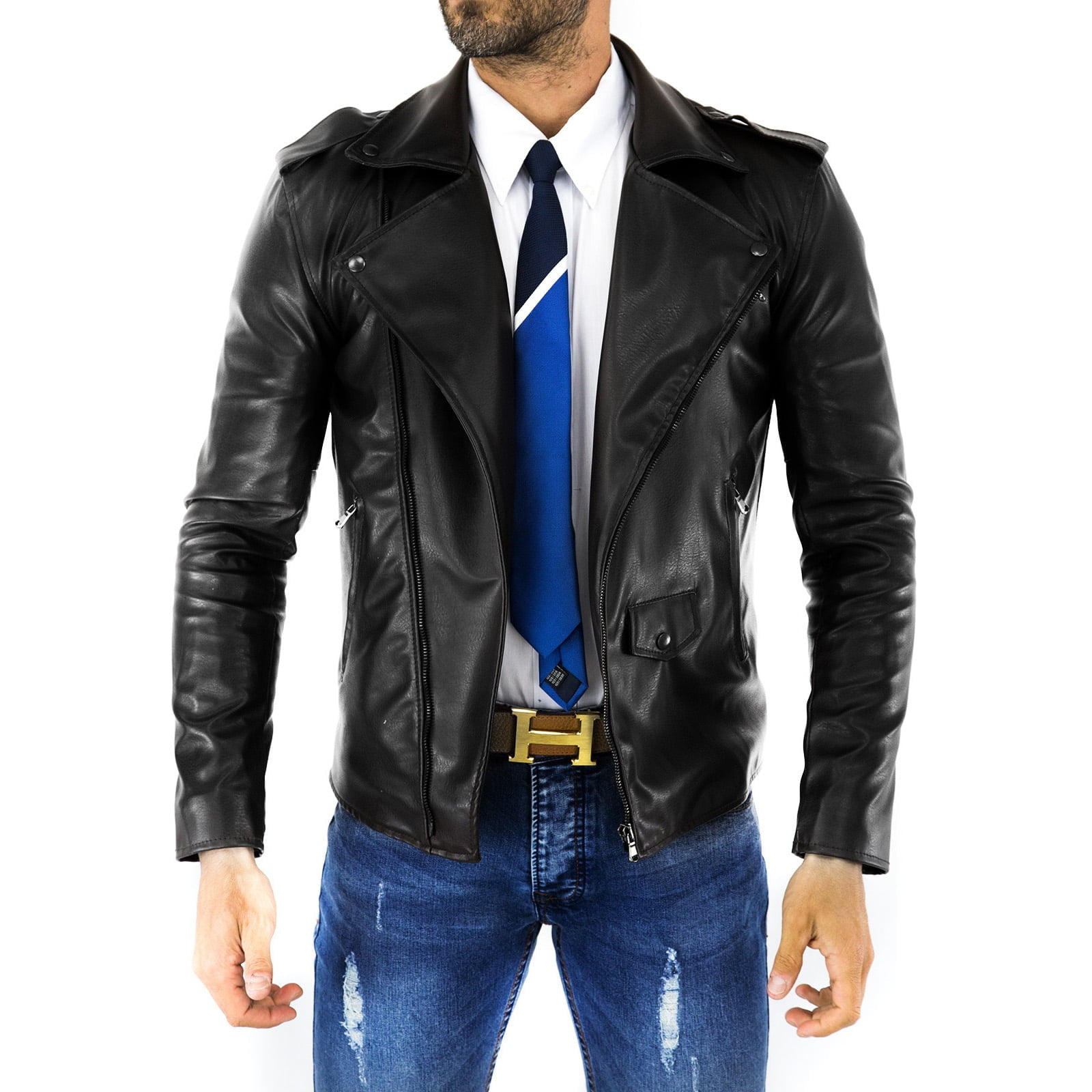 Chiodo Biker In Vera Pelle Nero Uomo Slim Accessori Scuri Rindway