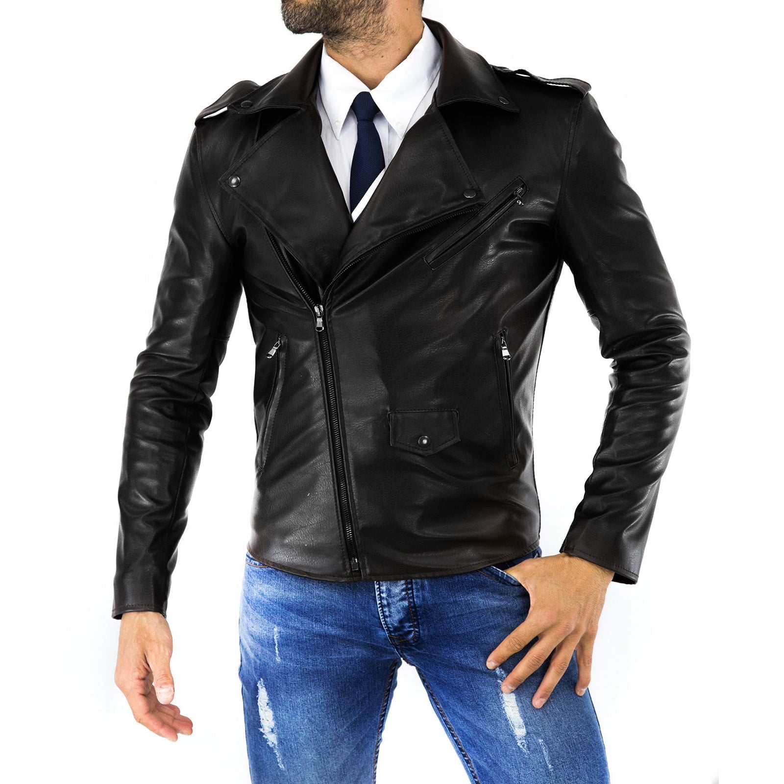 Chiodo Biker In Vera Pelle Nero Uomo Slim Accessori Scuri Rindway