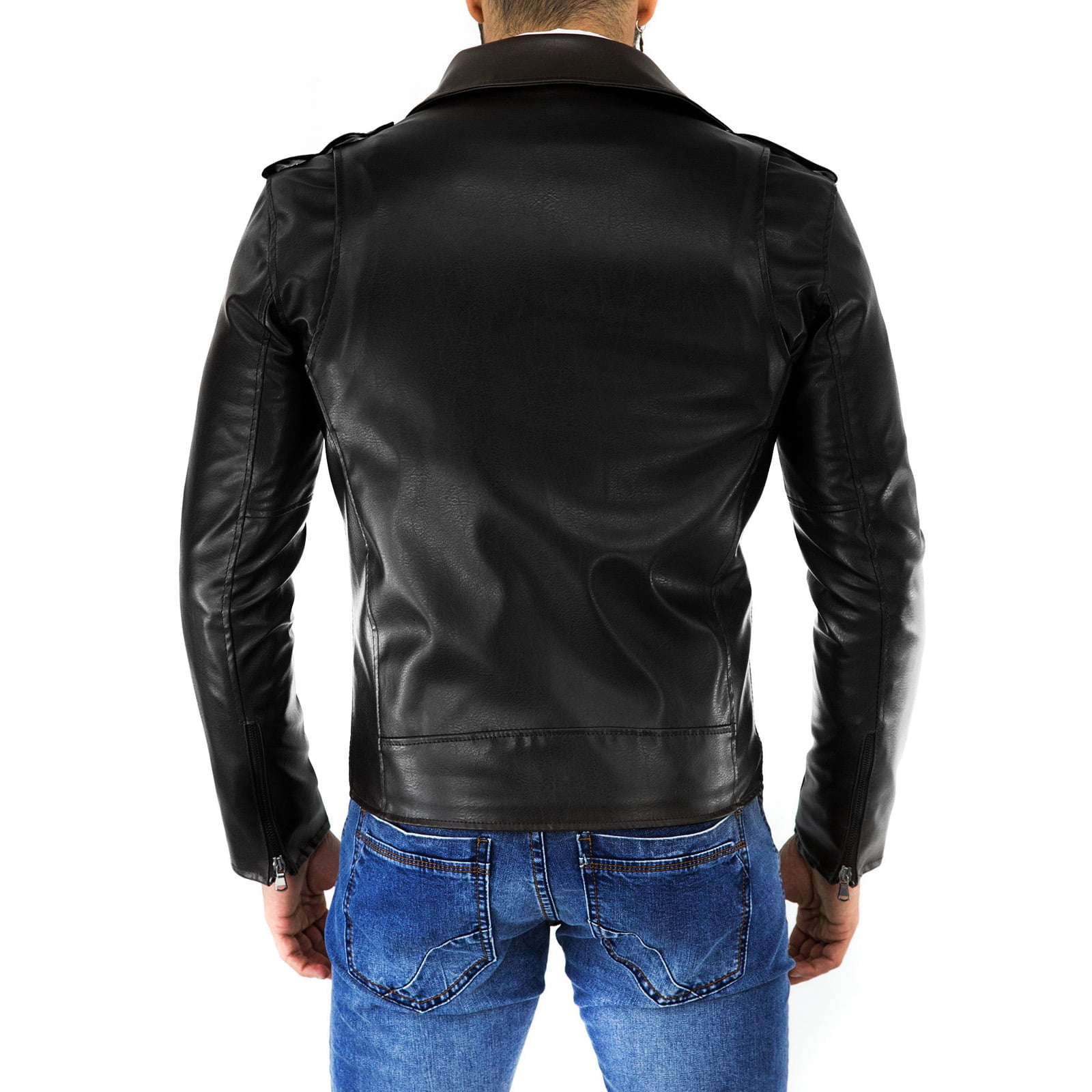 Chiodo Biker In Vera Pelle Nero Uomo Slim Accessori Scuri Rindway