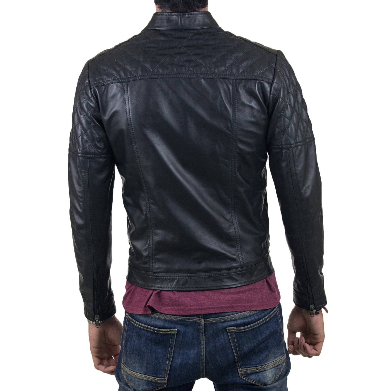 Giacca Biker In Vera Pelle Blu Uomo Slim Con Rombi Braccia e Spalle Rindway