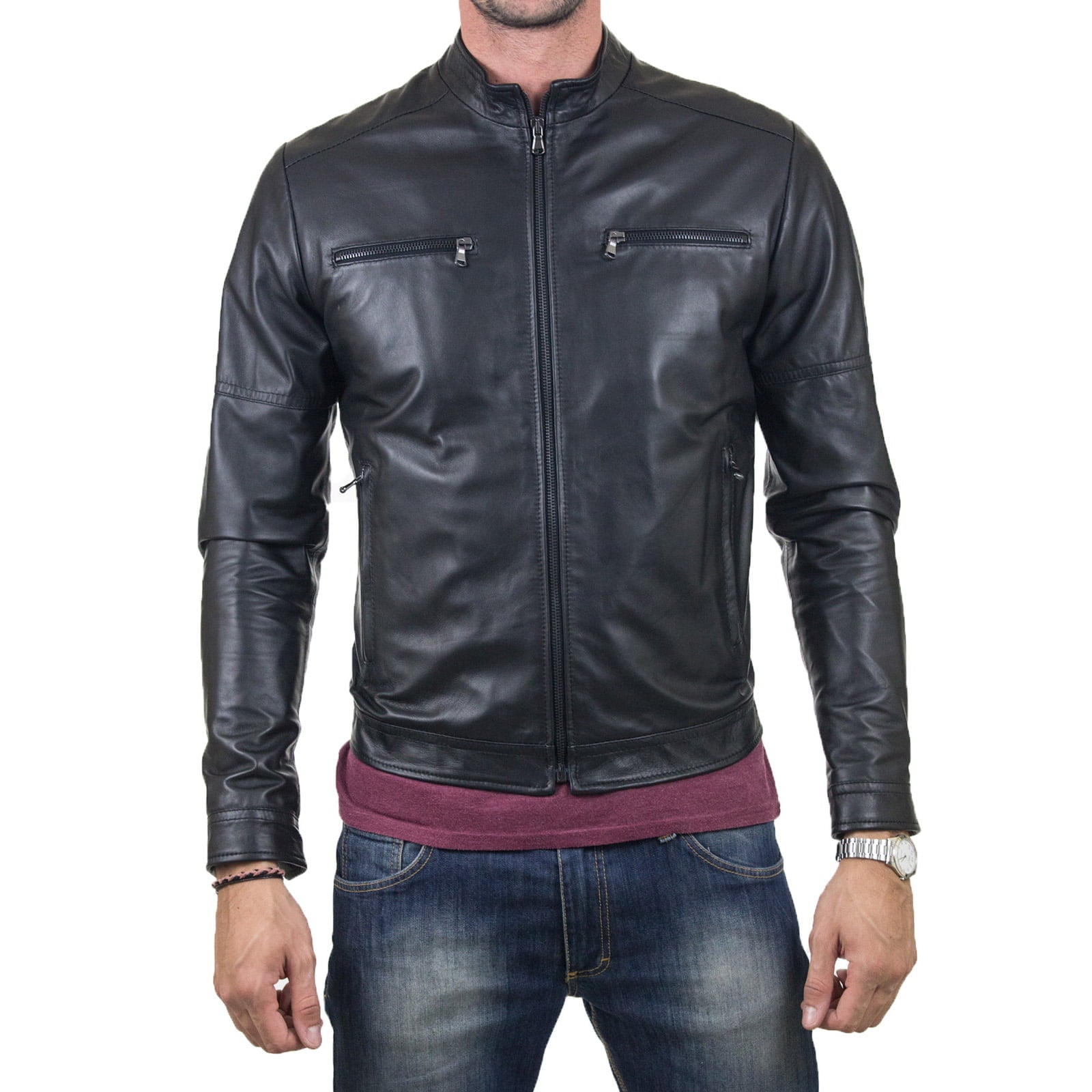 Giacca Biker In Vera Pelle Nera Uomo Slim Con Cerniera Fino Al Collo Rindway