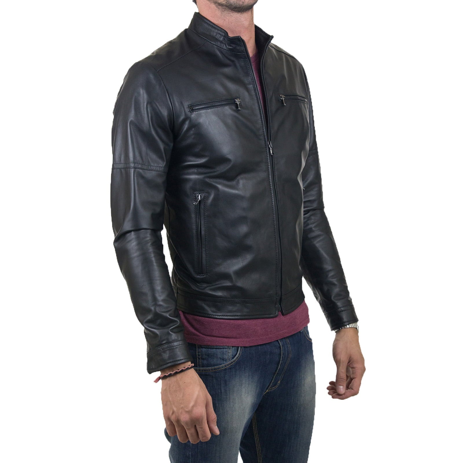 Giacca Biker In Vera Pelle Nera Uomo Slim Con Cerniera Fino Al Collo Rindway