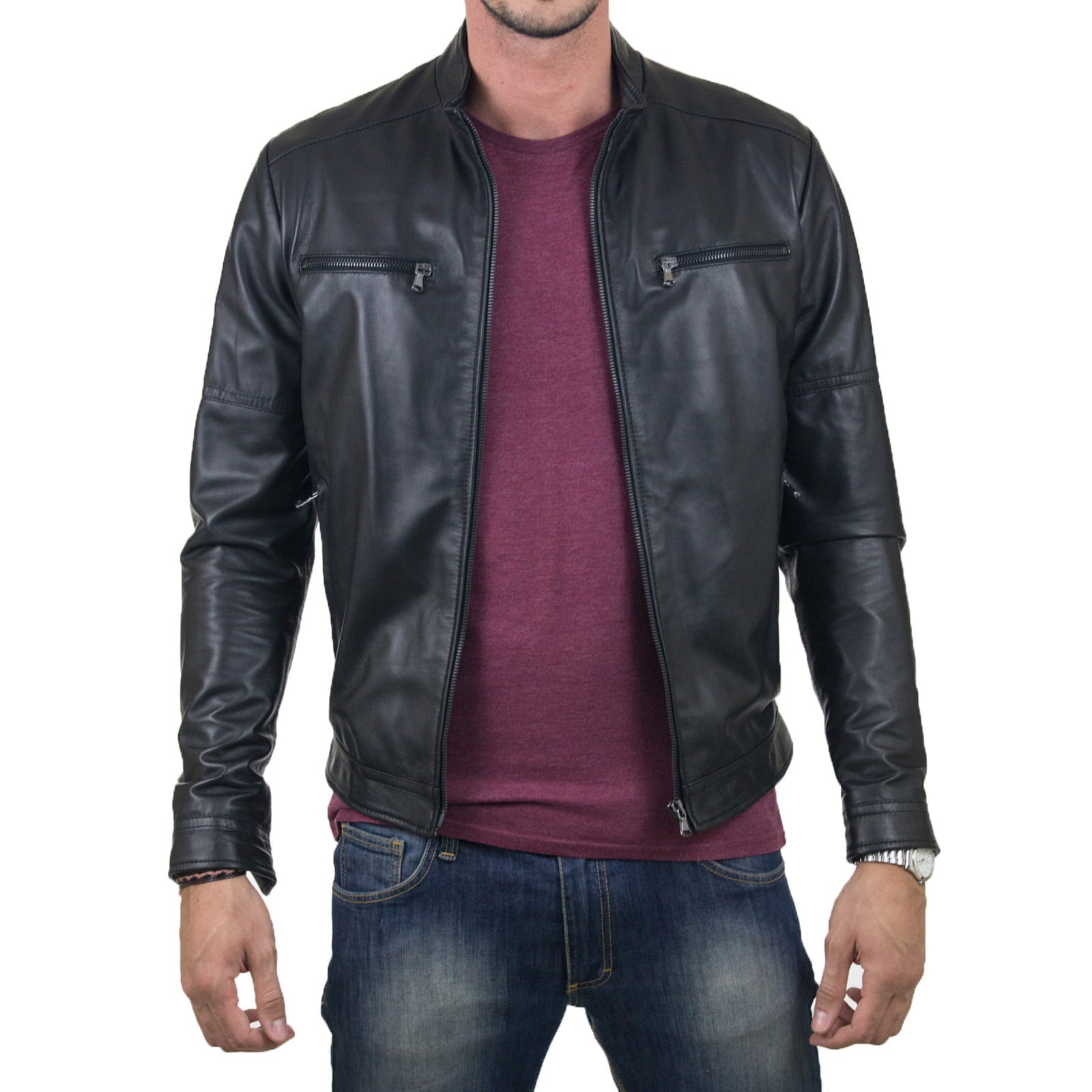 Giacca Biker In Vera Pelle Nera Uomo Slim Con Cerniera Fino Al Collo Rindway