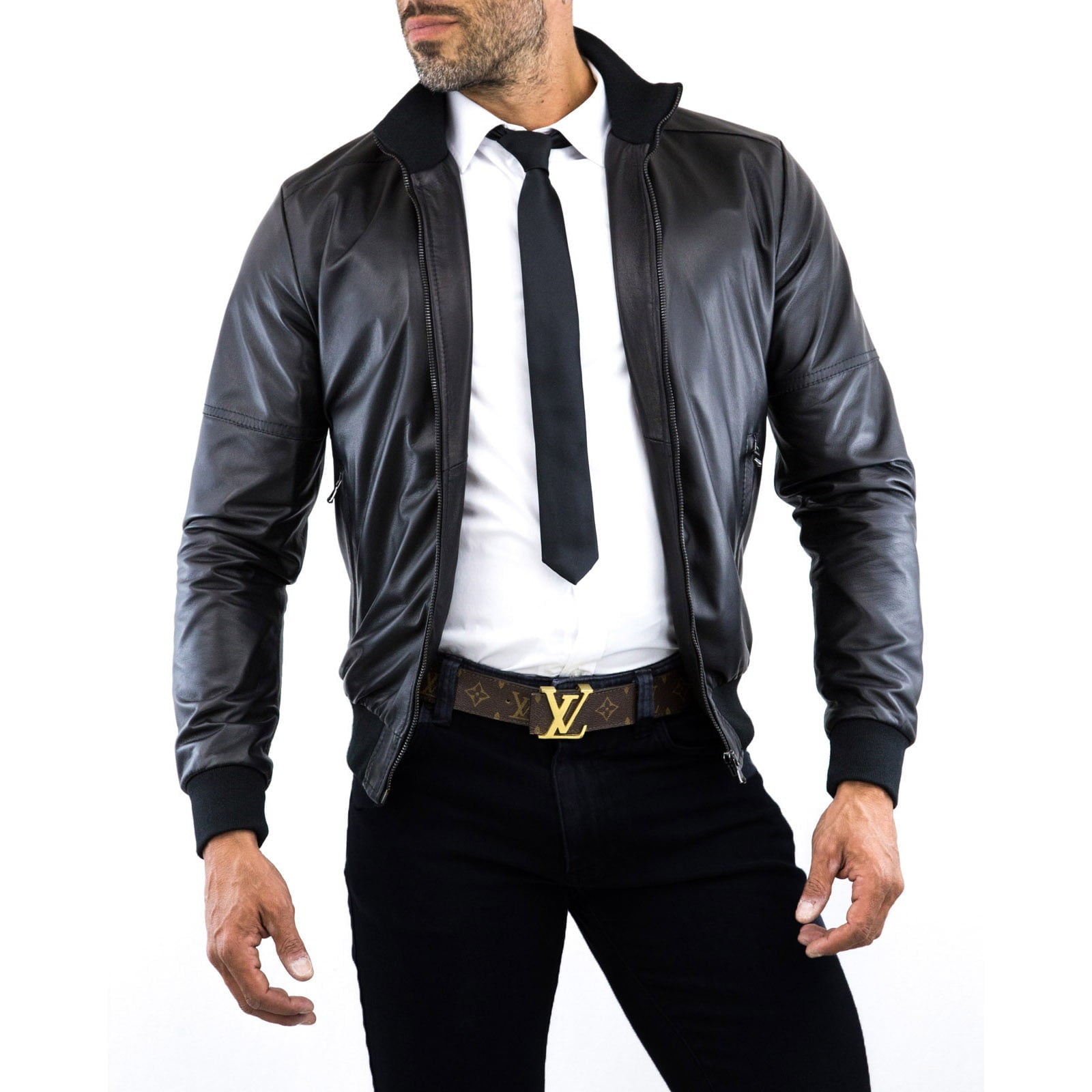 Bomber Giubbotto In Vera Pelle Nera Uomo Braccia Con Cuciture Rindway