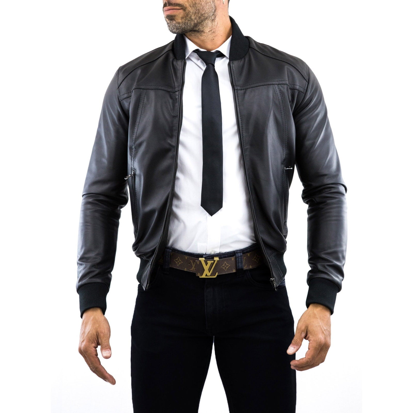 Bomber Giubbotto In Vera Pelle Nera Uomo Collo College Tagli Frontali Rindway