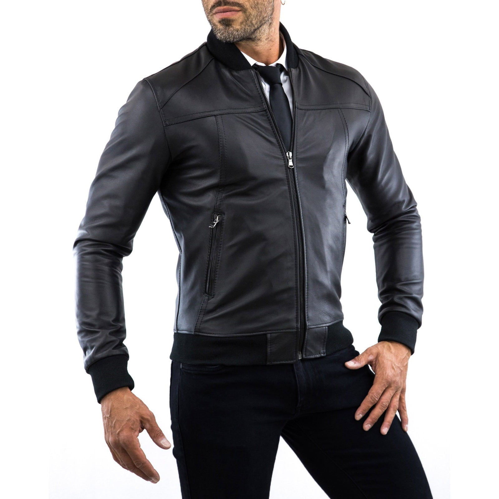 Bomber Giubbotto In Vera Pelle Nera Uomo Collo College Tagli Frontali Rindway