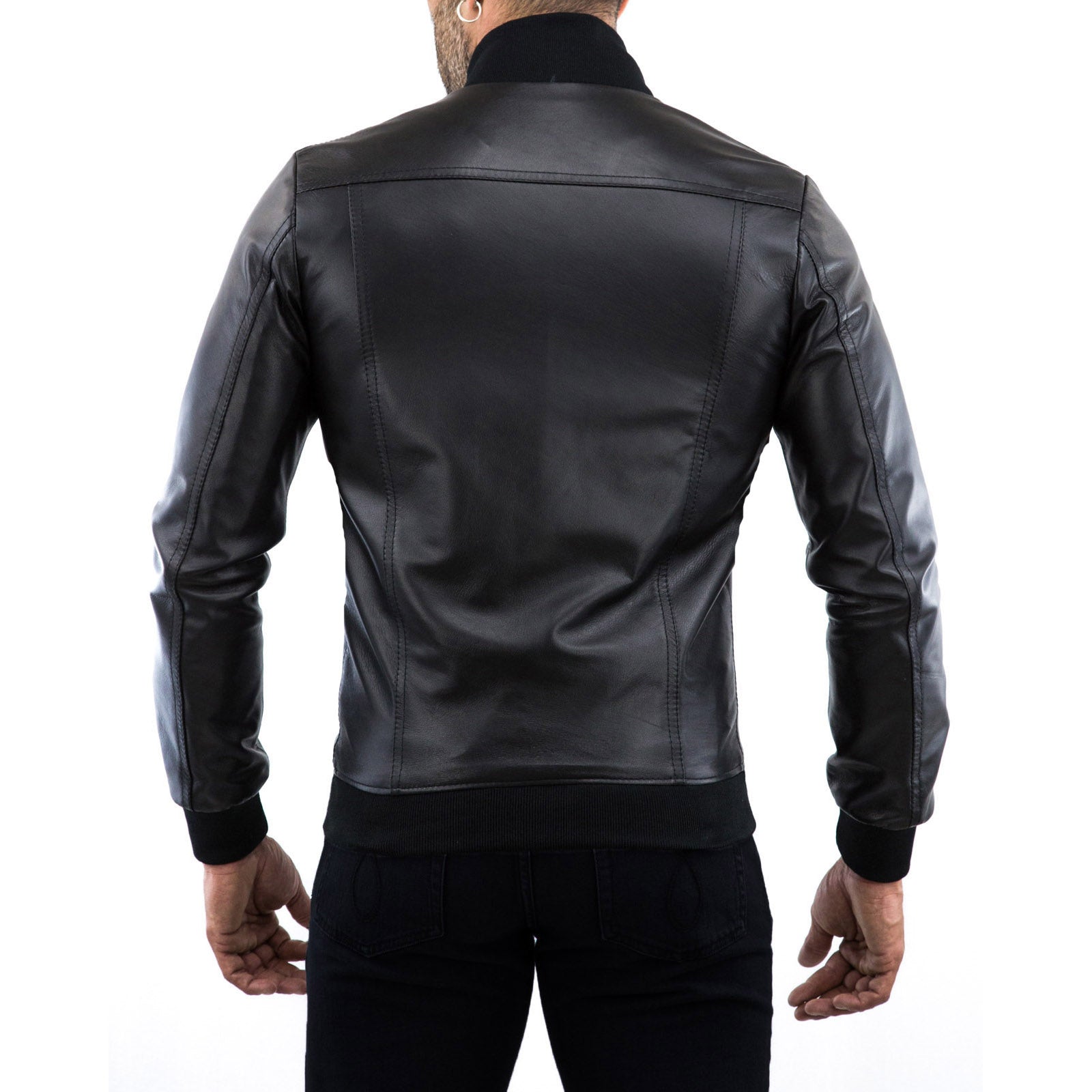 Men's Blue Genuine Leather Bomber Jacket With Front Details OUTLET Rindway