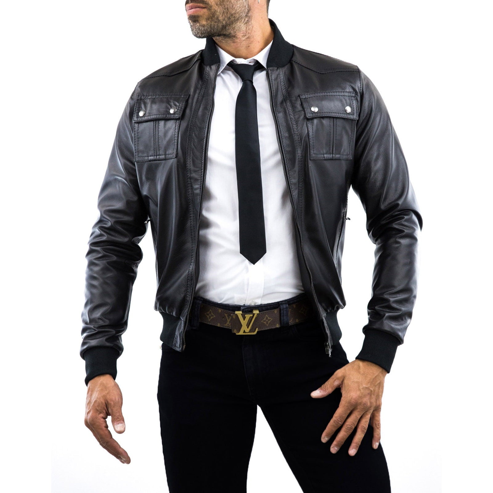 Giubbotto Bomber In Vera Pelle Blu Uomo Con Tasche Al Petto Bottoni Rindway