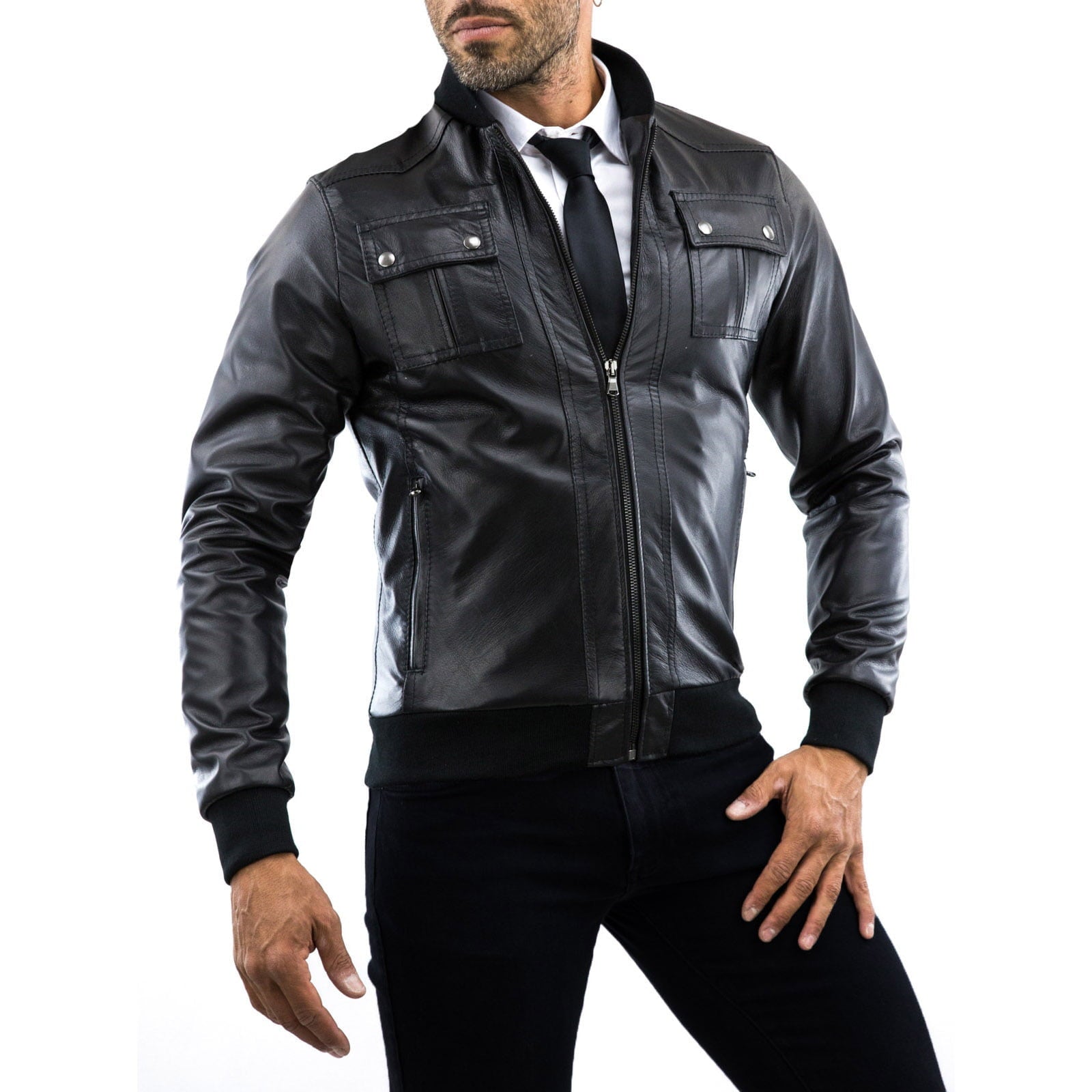 Giubbotto Bomber In Vera Pelle Blu Uomo Con Tasche Al Petto Bottoni Rindway