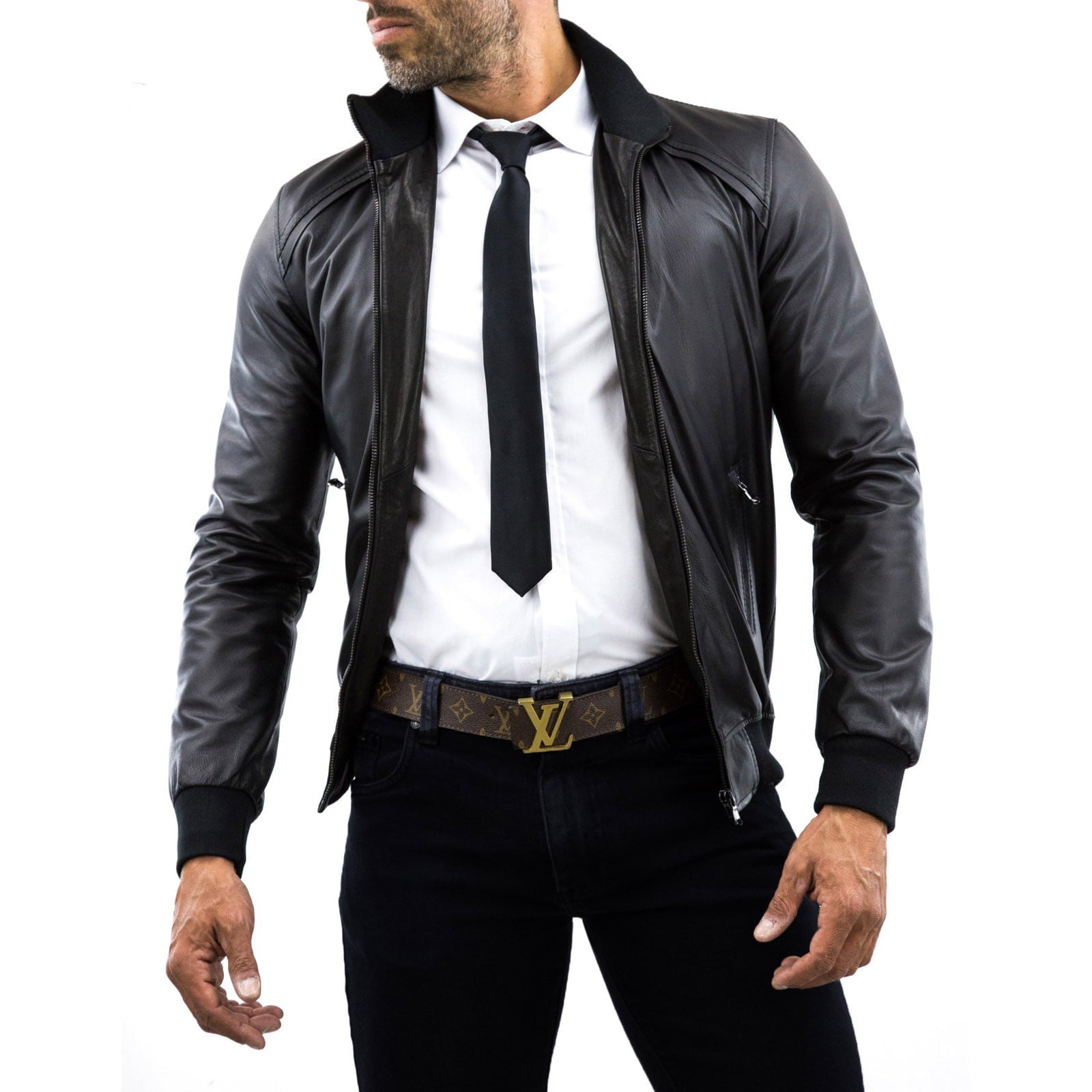 Giubbotto Bomber In Vera Pelle Marrone Uomo Slim Con Particolare Sulle Spalle Rindway