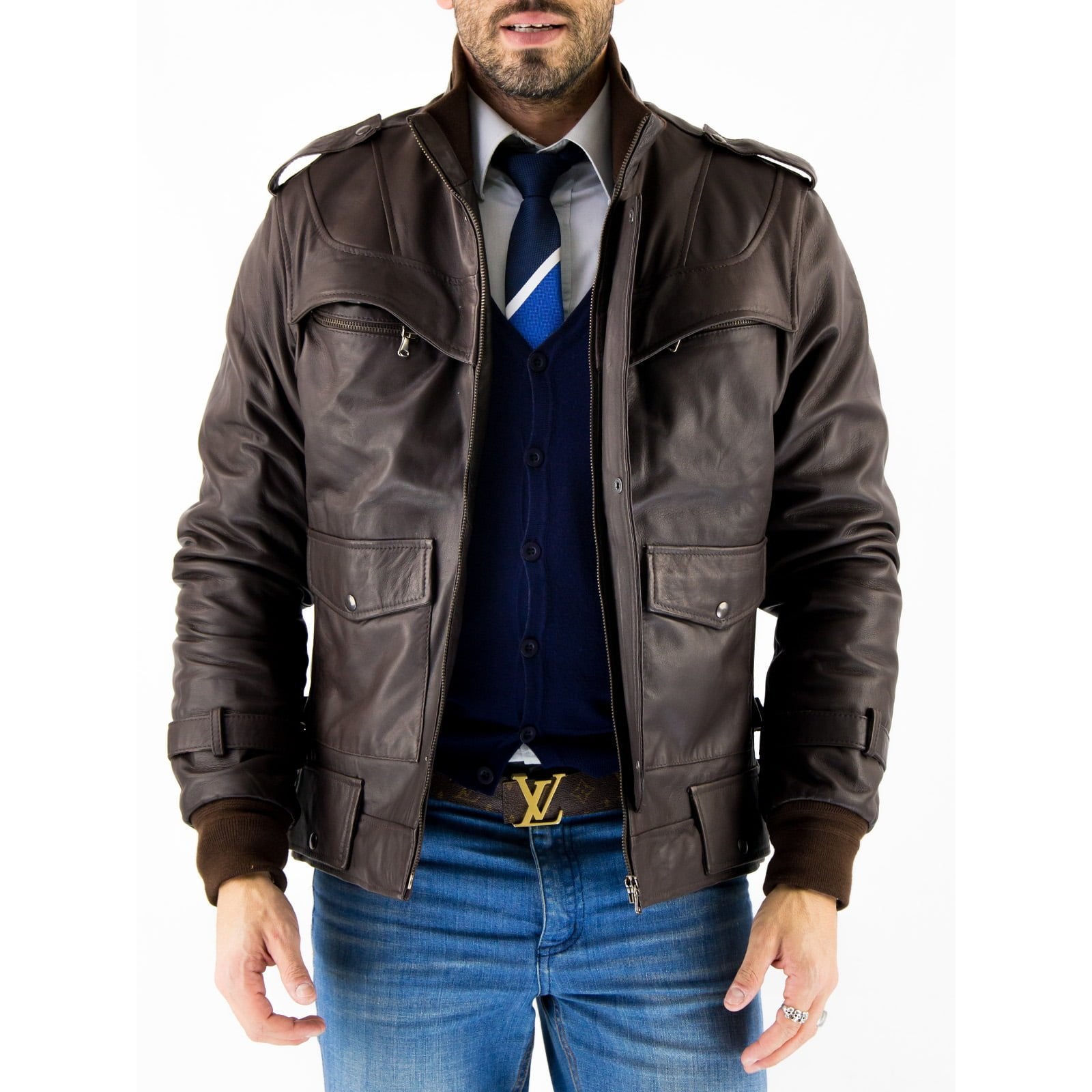 Giacca Biker In Vera Pelle Nera Uomo Slim Tasche Petto Coperte Rindway