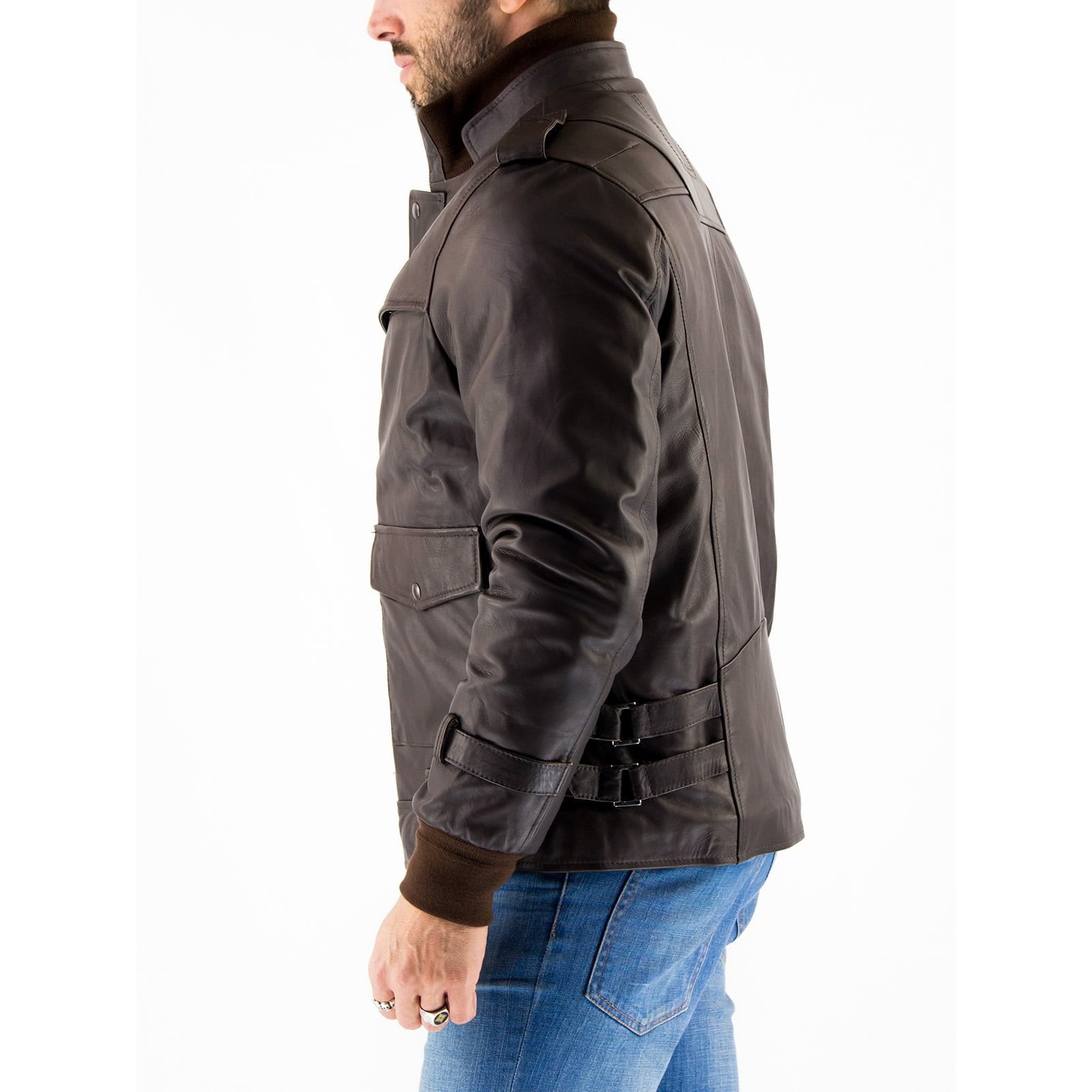 Giacca Biker In Vera Pelle Nera Uomo Slim Tasche Petto Coperte Rindway