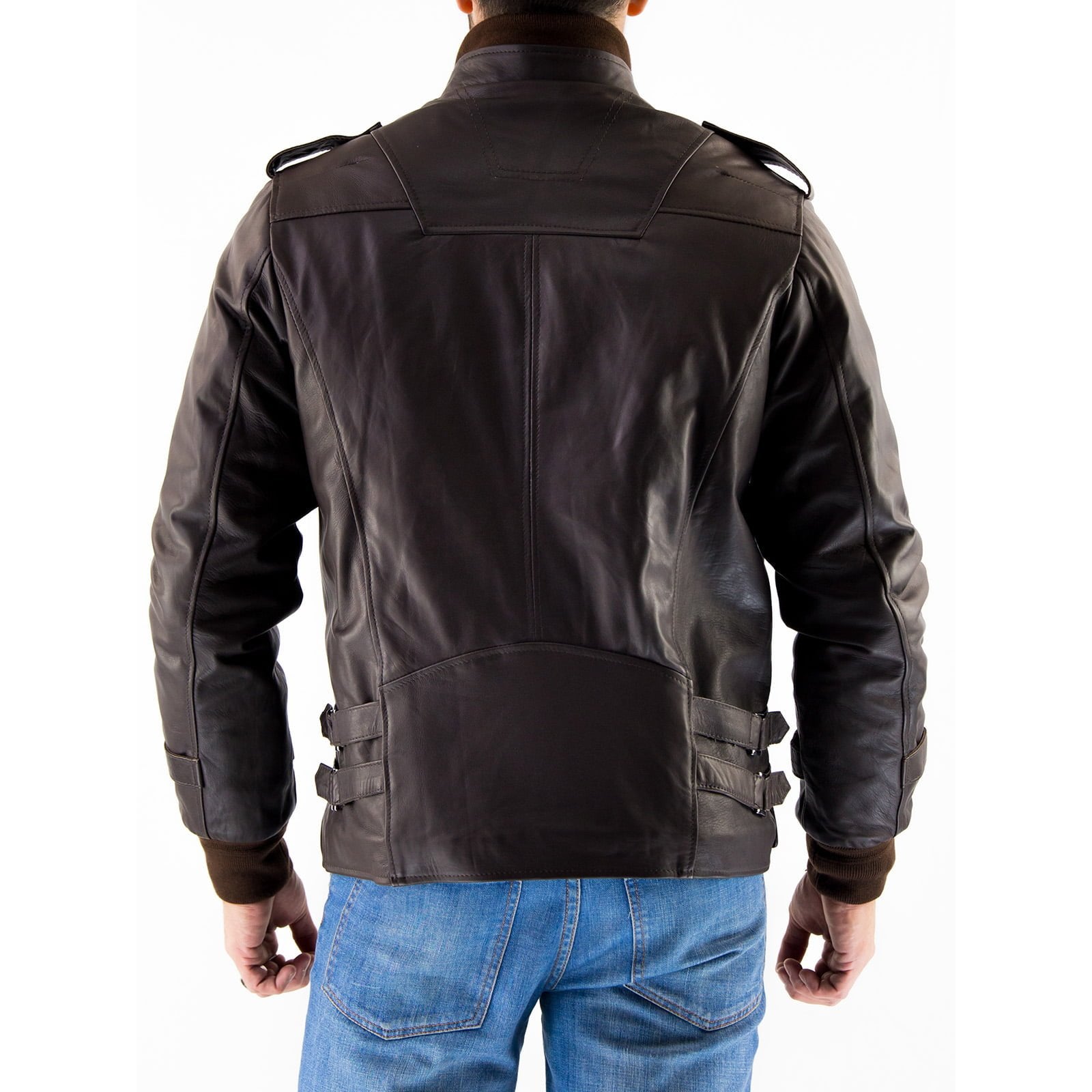 Giacca Biker In Vera Pelle Nera Uomo Slim Tasche Petto Coperte Rindway