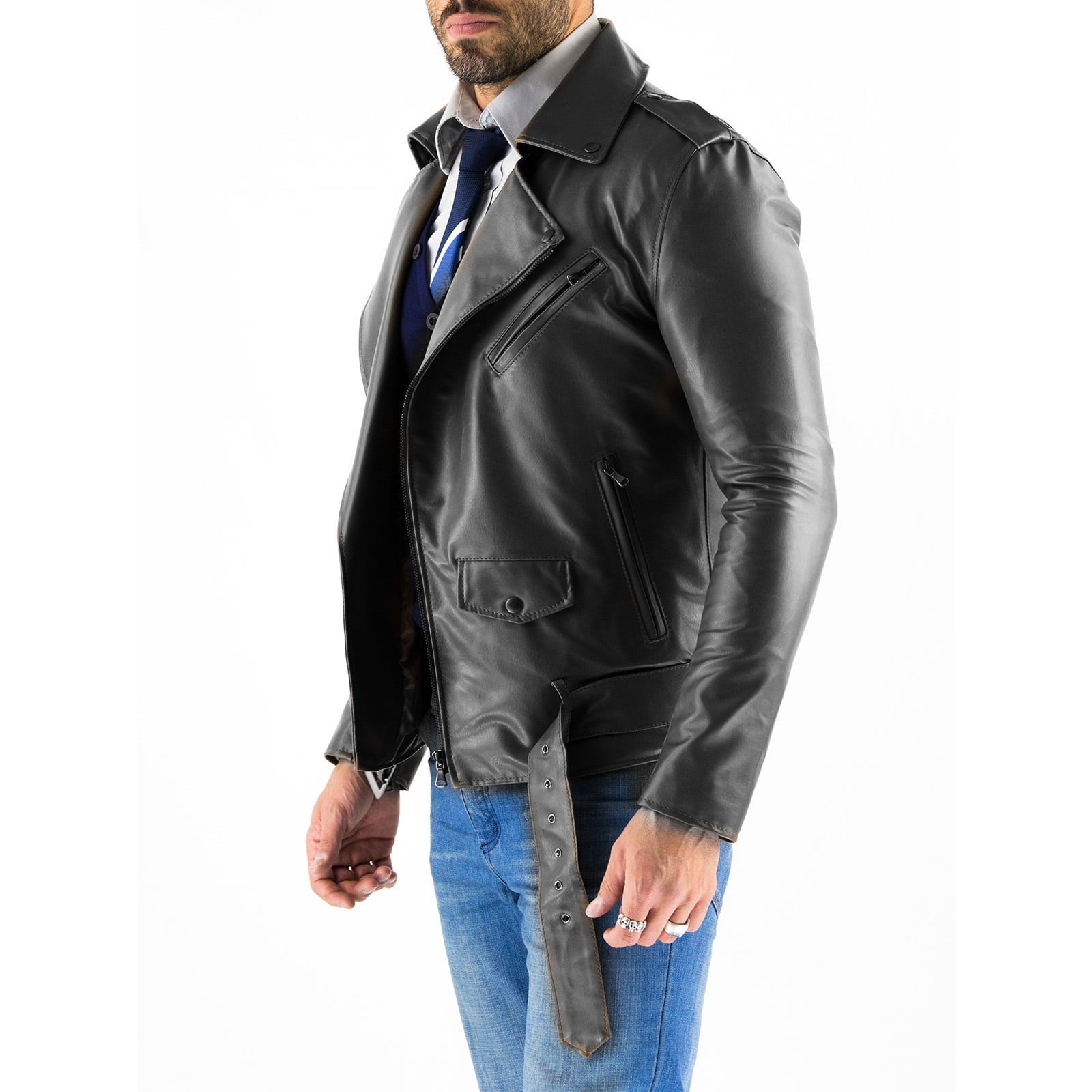 Chiodo Biker In Vera Pelle Nero Uomo Slim Total Black Fibbia Rettangolare Rindway