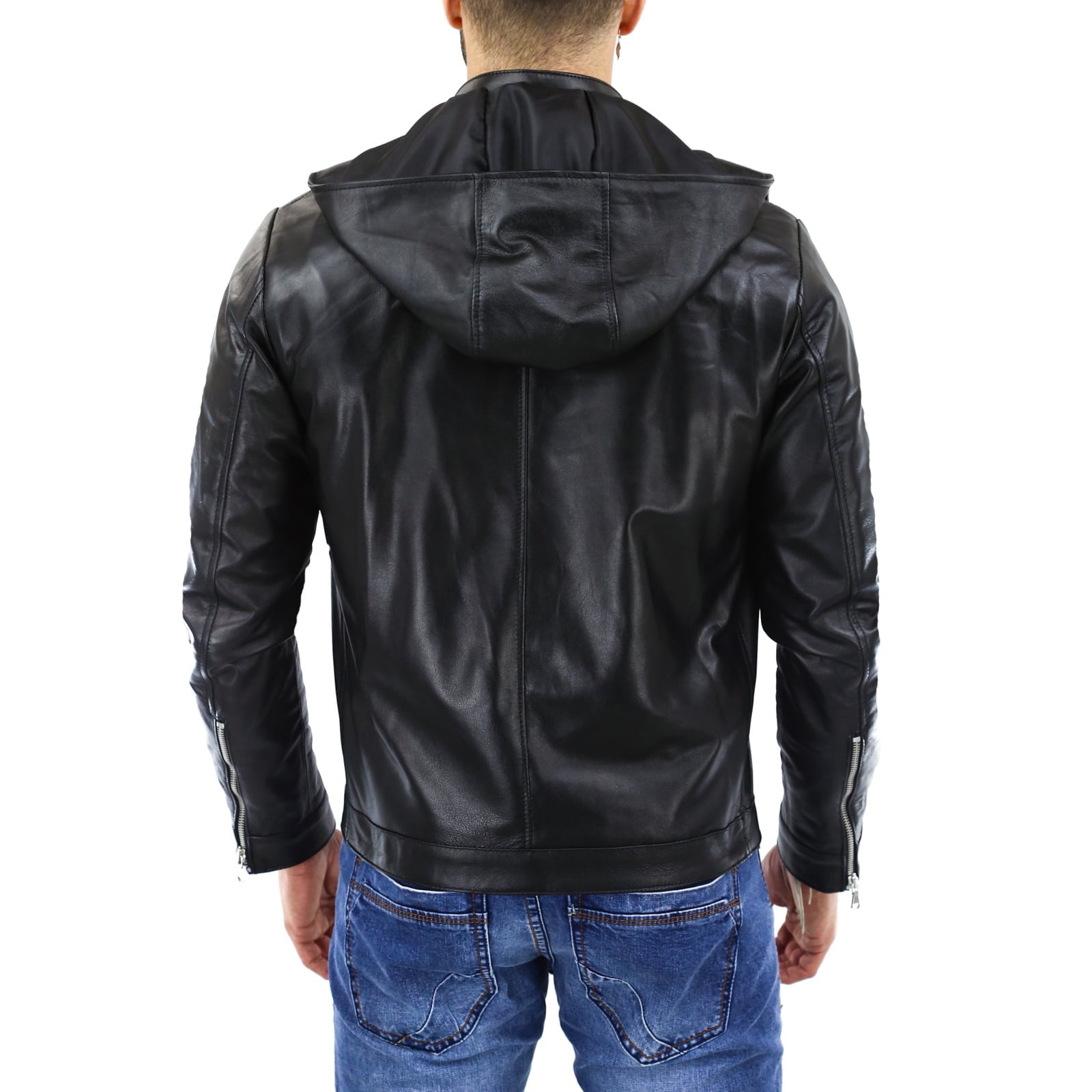 Giubbotto Biker In Vera Pelle Nero Uomo Con Cappuccio Removibile Rindway