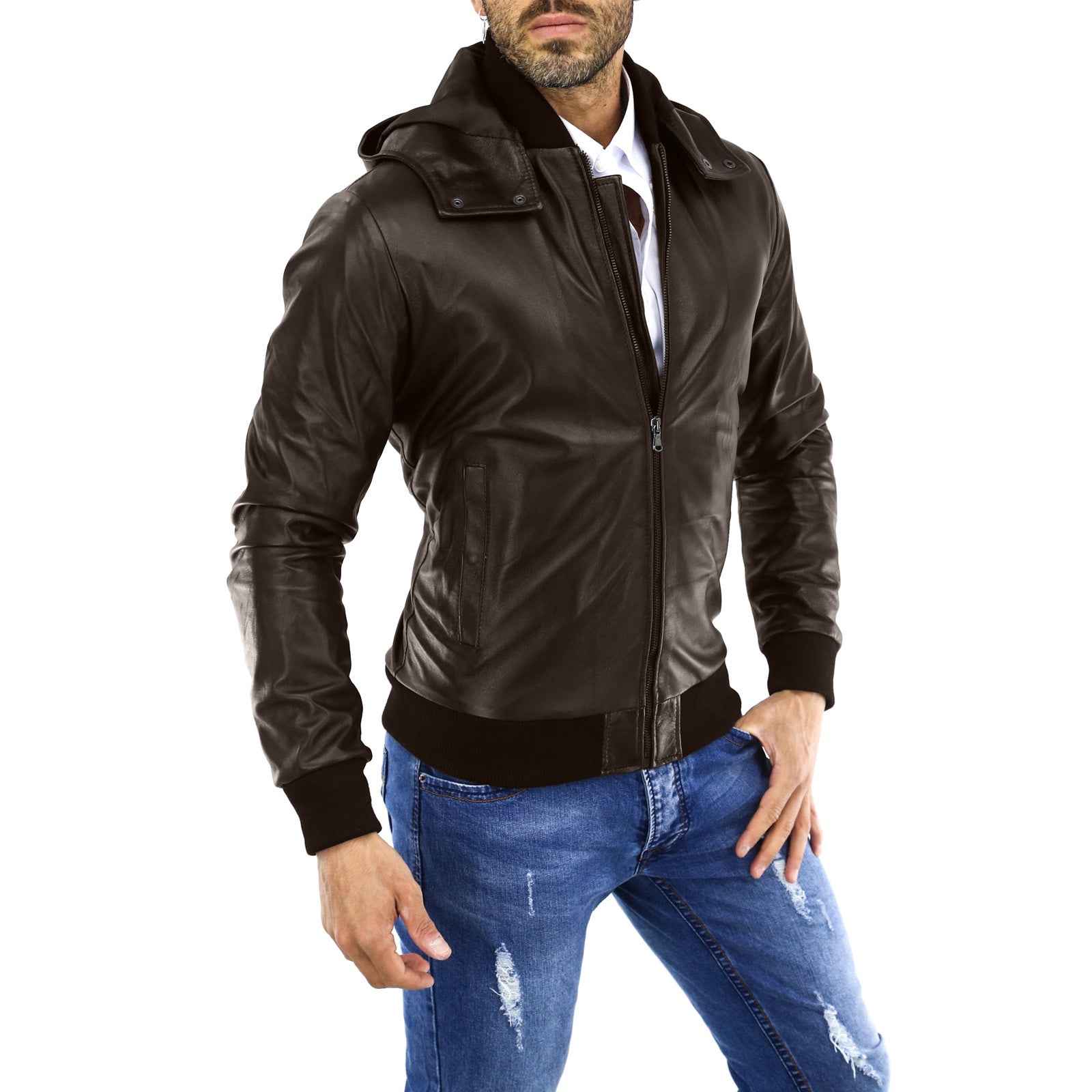Giubbotto Bomber In Vera Pelle Uomo Slim Con Cappuccio Removibile Outlet Rindway