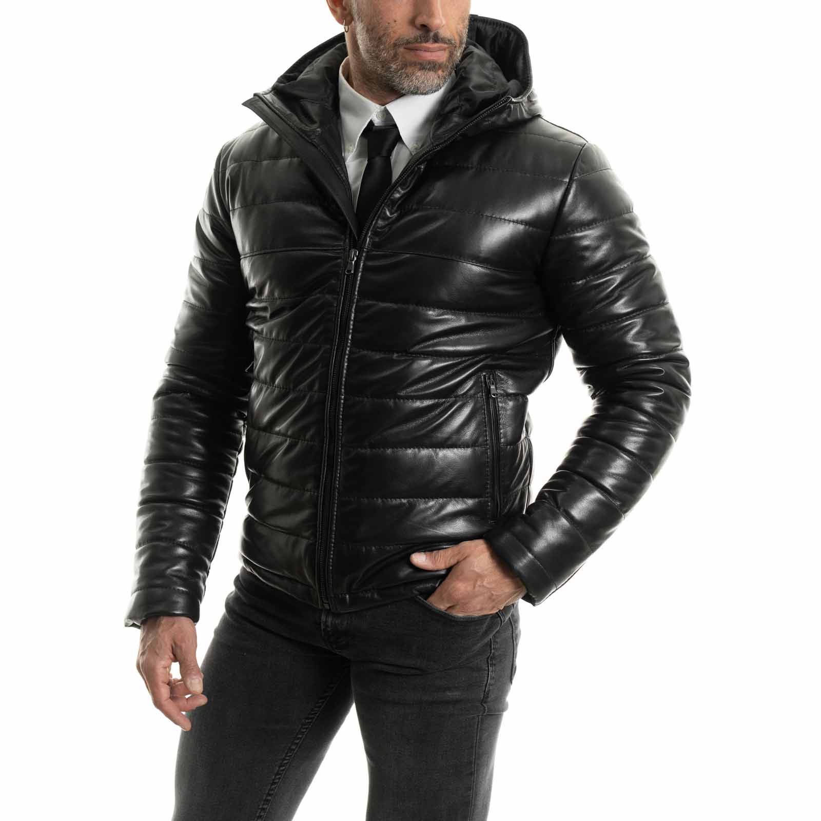 Men's Genuine Leather Down Jacket Slim Narrow Lines With Fixed Hood Ri