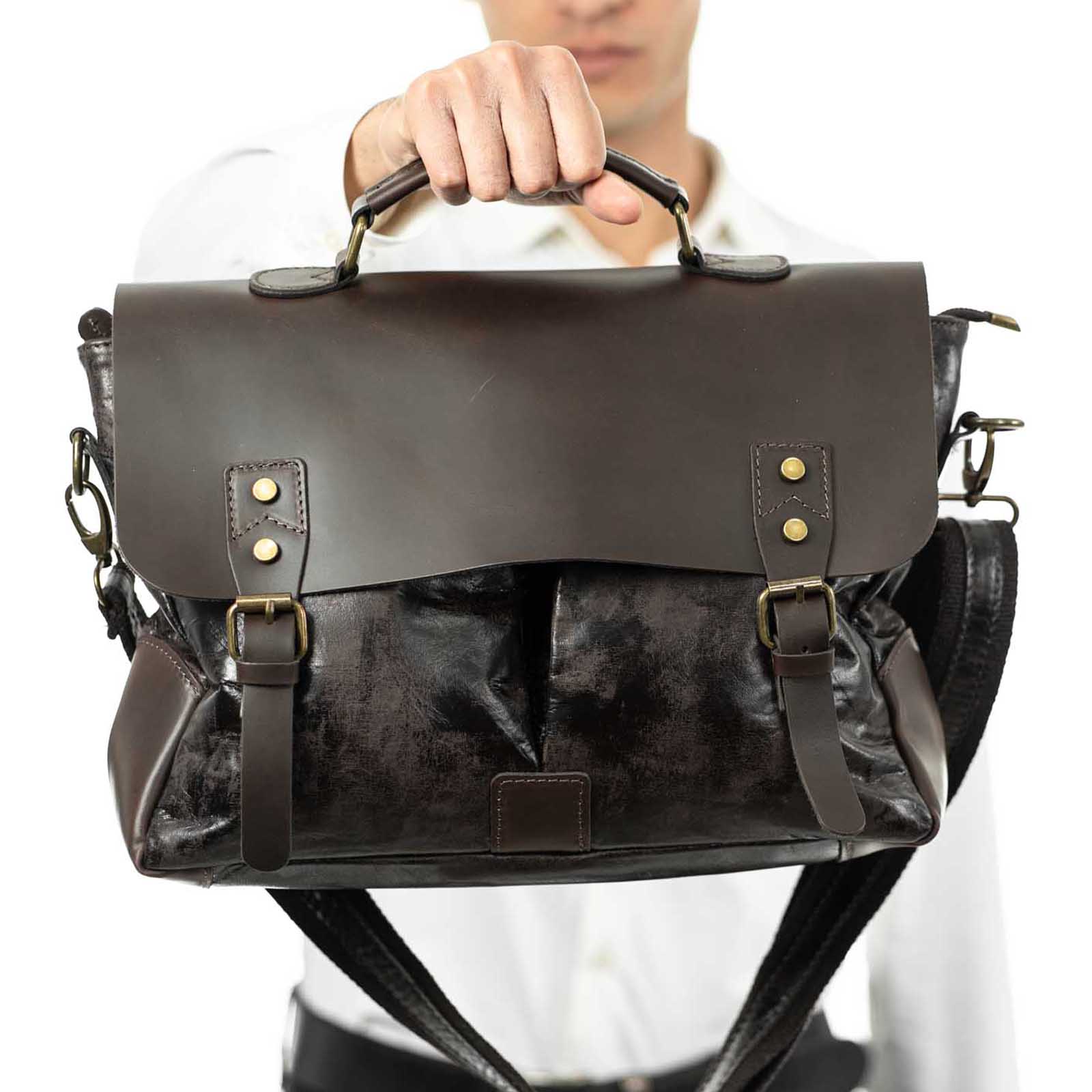 Borsa Da Lavoro In Vera Pelle Uomo Con Tache Esterne Coperte Rindway