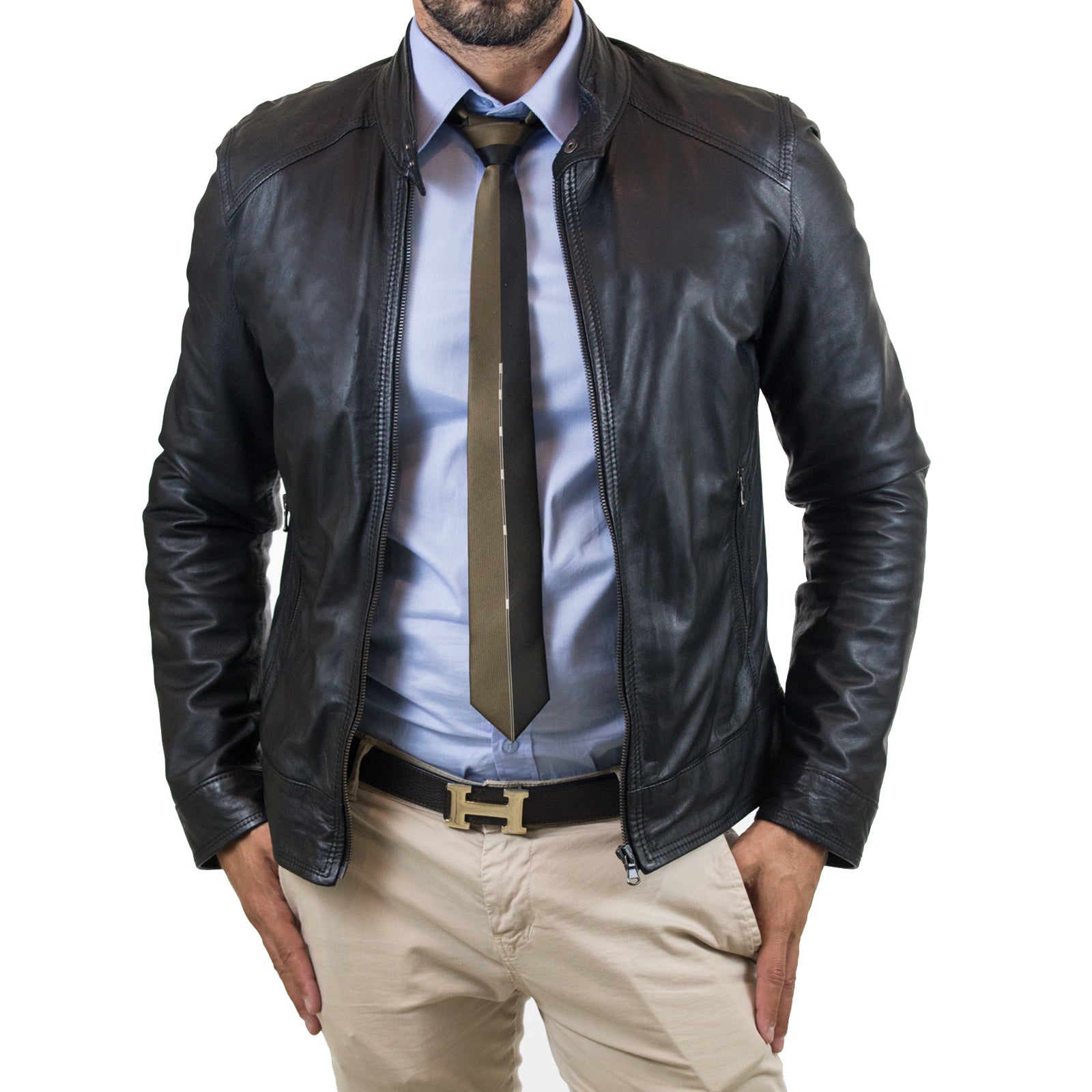 Slim Men's Genuine Leather Jacket Artisan Production Cod.060-Rindway Outlet