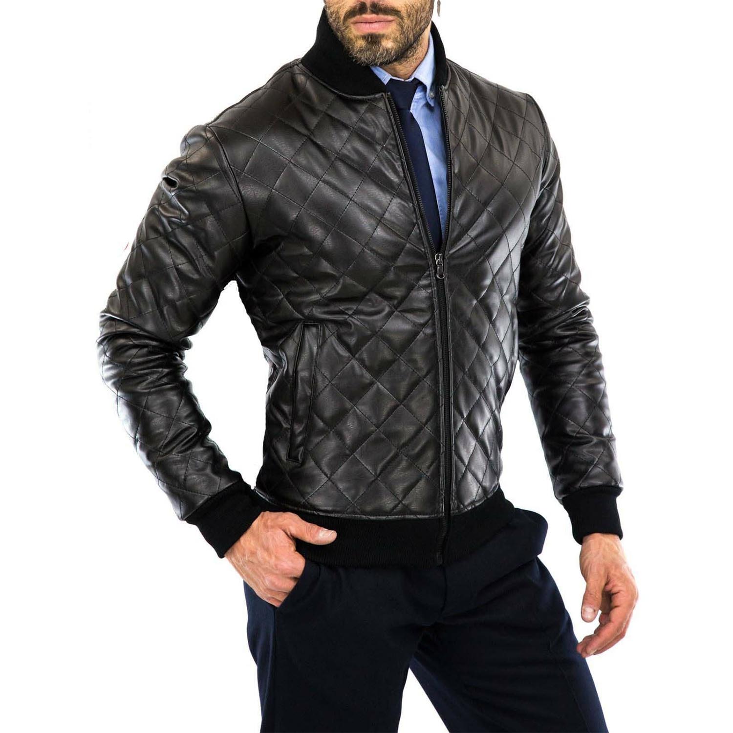 Rindway Diamond Quilted Black Genuine Leather Bomber Jacket for Men