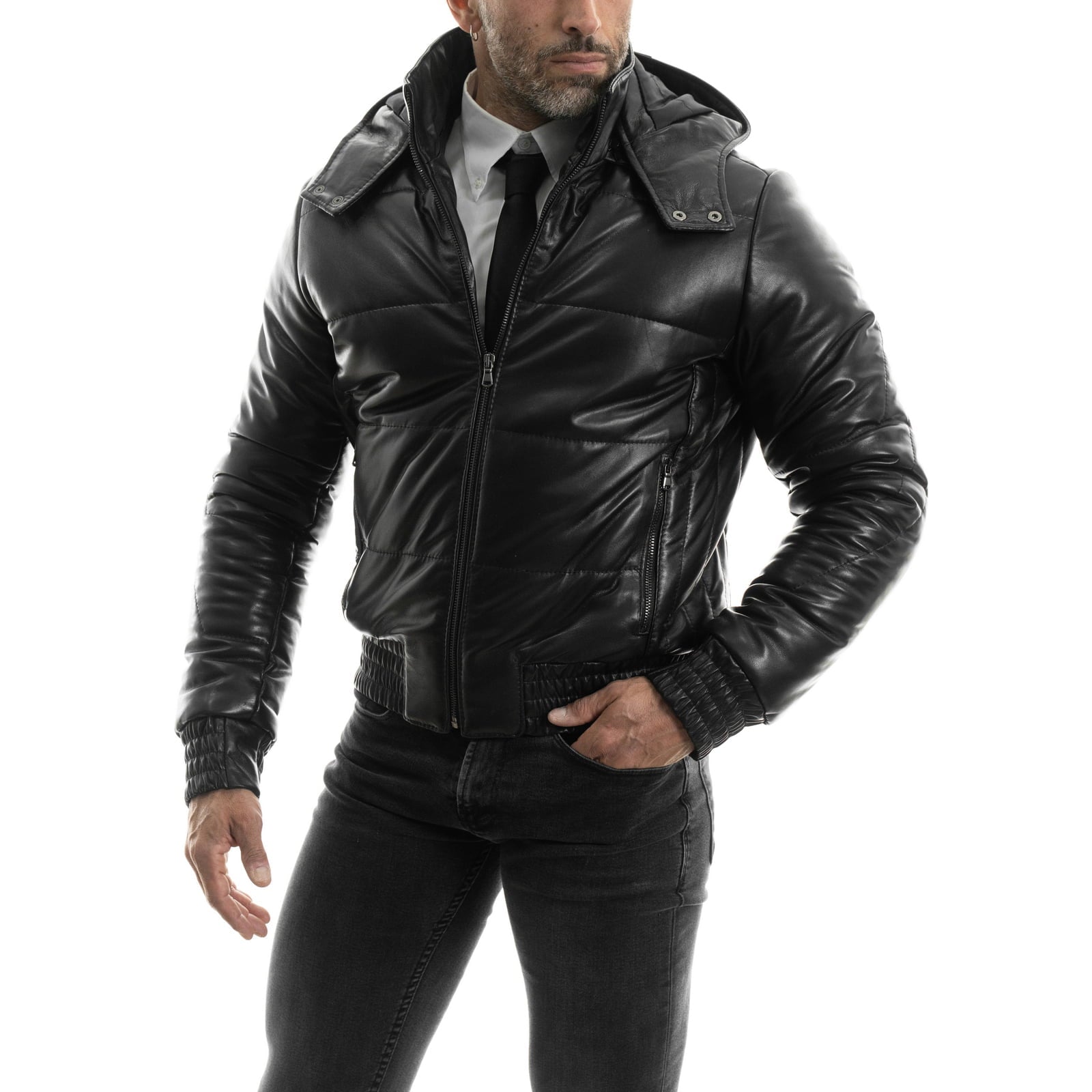 Rindway Men's Genuine Leather Bomber Down Jacket Slim Wide Lines Removable Hood