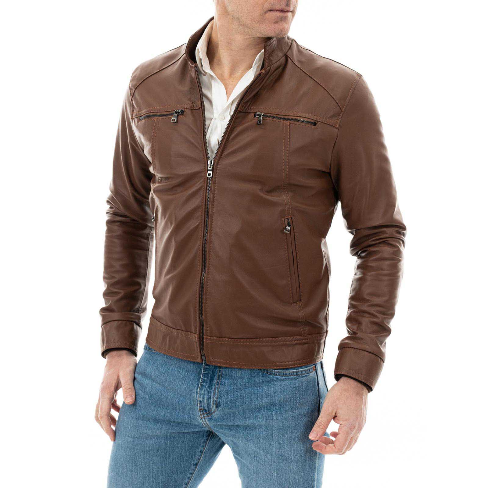 Rindway Slim Men's Genuine Leather Biker Jacket with Four Pockets